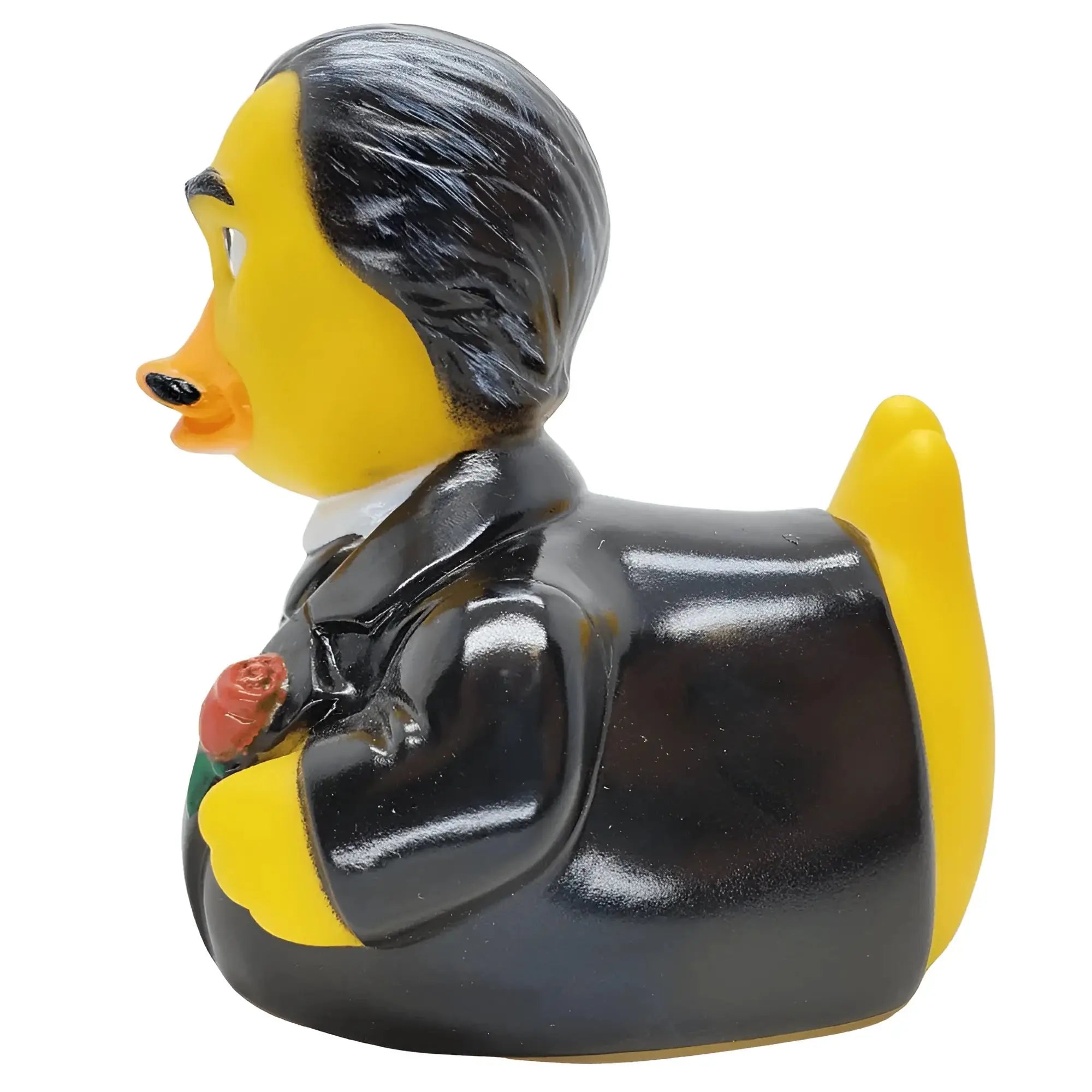 Gelbe Quietscheente gummiente im schwarzen anzug mit roter rose godfeather offizielles produkt von celebriducks