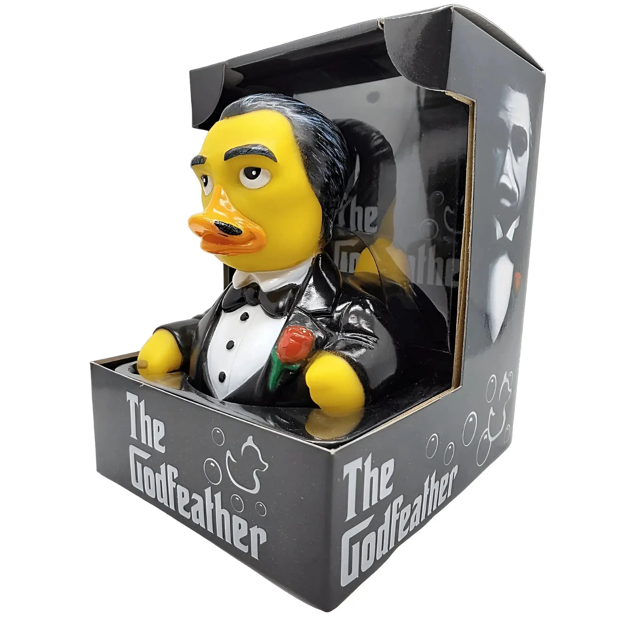 Gelbe gummiente godfeather von celebri ducks im schwarzen smoking mit weißem hemd und roter rose