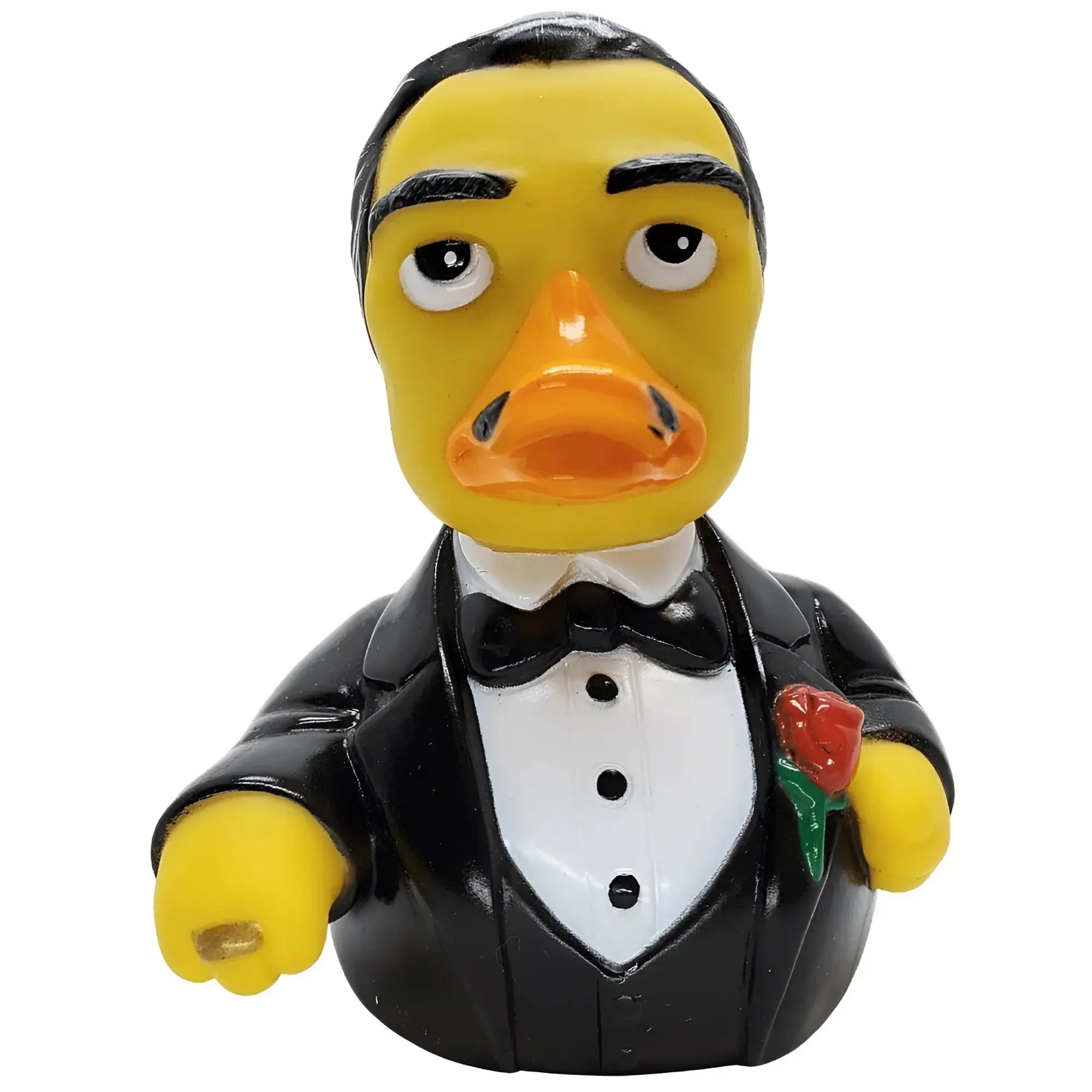 Gelb gummiente Quietscheente gekleidet in schwarz tuxedo mit weiß shirt und bow tie haltend rot rose aus der celebri ducks