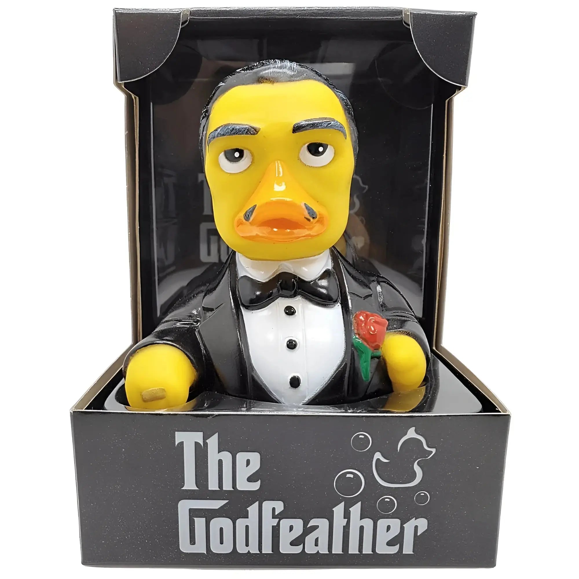Gelbe Quietscheente mit tuxedo, schwarzer Fliege und roter rose, verpackt in schwarzer box godfeather von CelebriDucks
