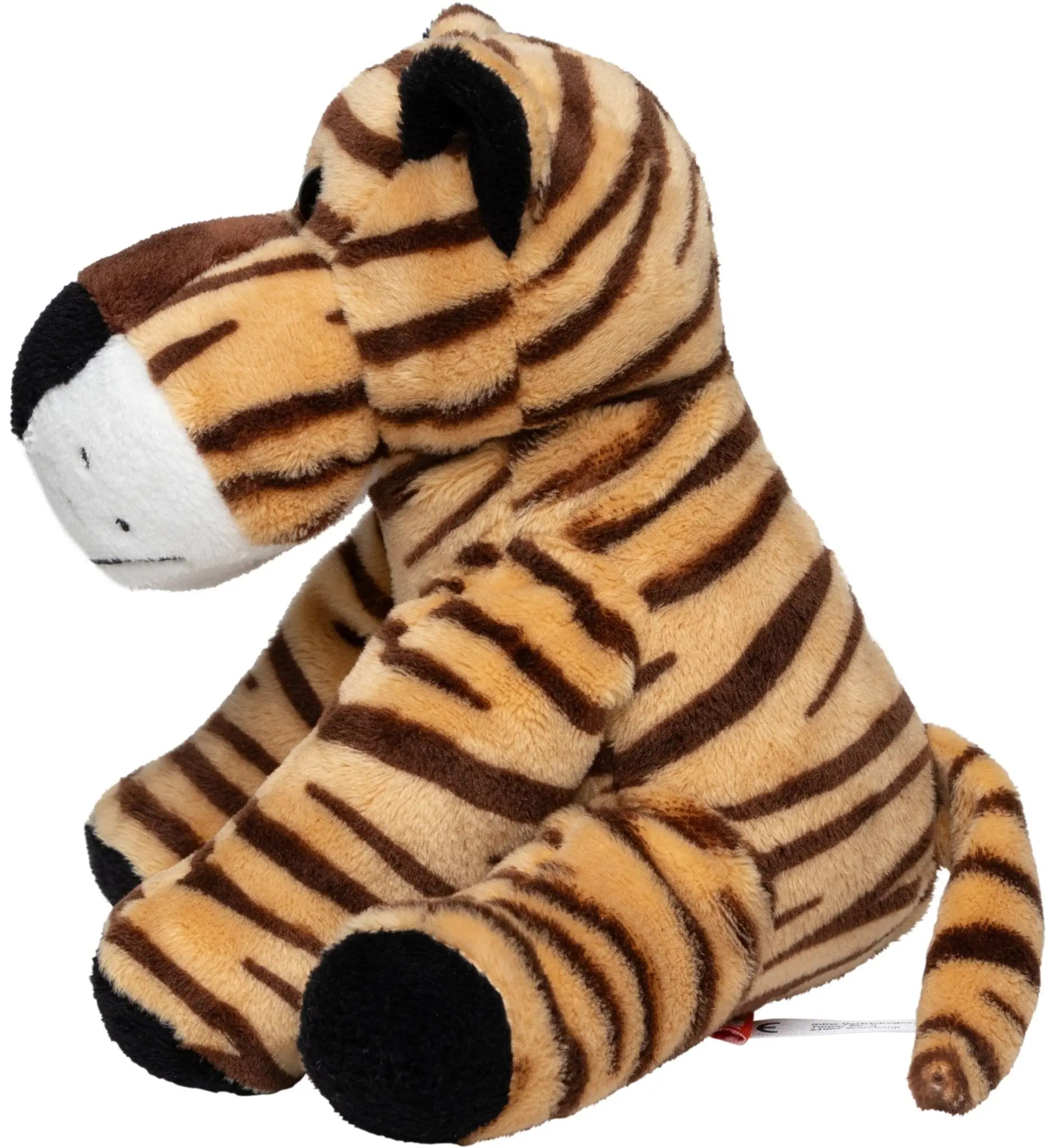 plush tiger toy named tiger david mit tan und braun stripes schwarz nose und paws weiß muzzle sitzend upright