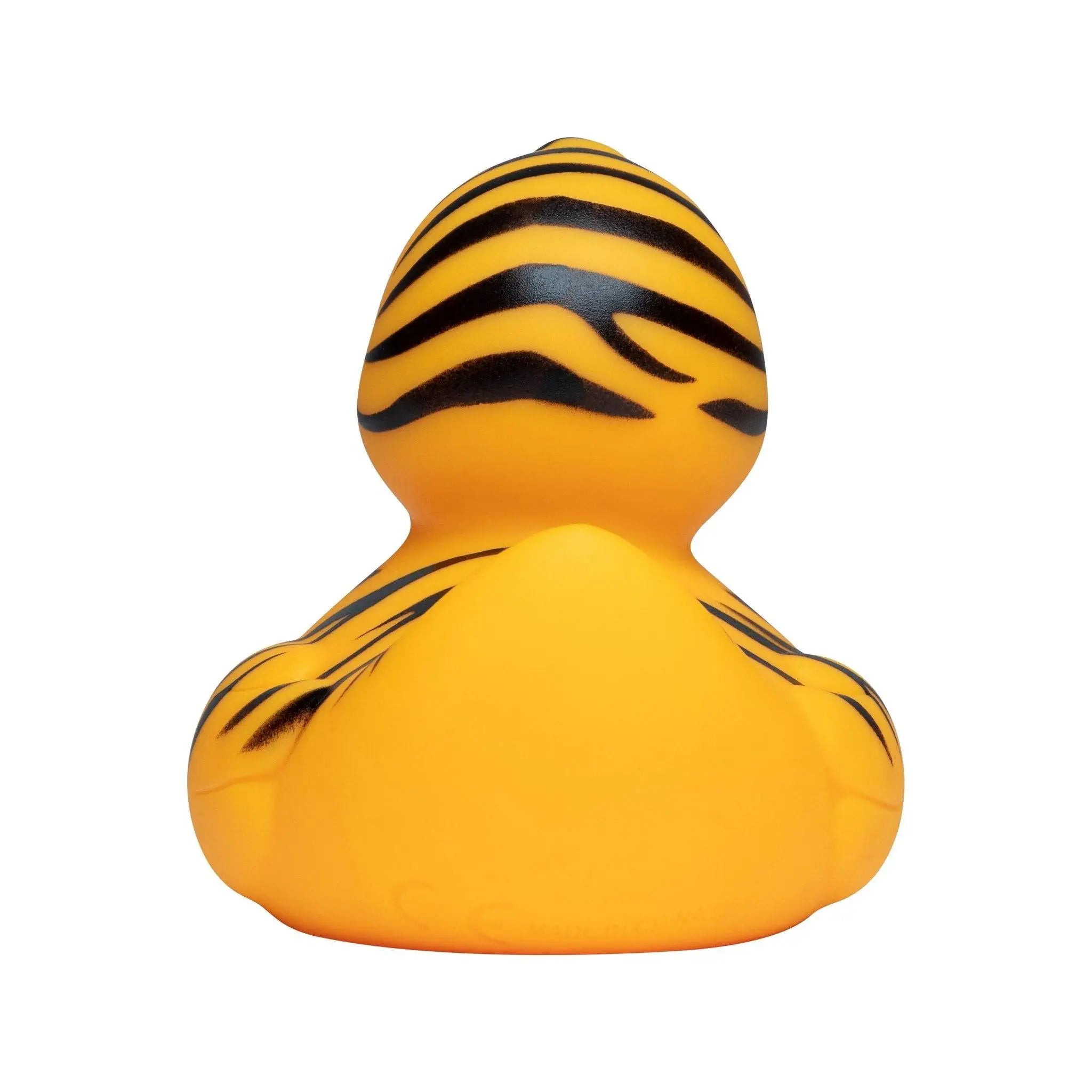 Gelbe quietscheente mit schwarzen tigerstreifen für badezeit spaß aus gummi