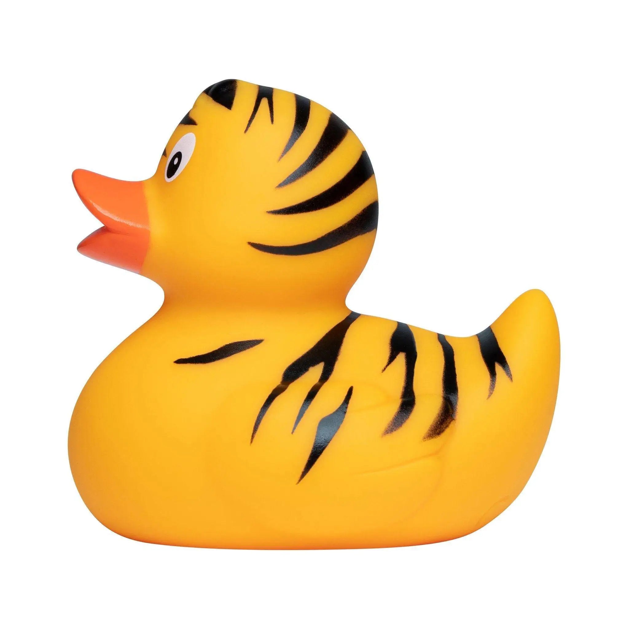 Gelbe gummiente mit schwarzen tigerstreifen und oranger schnabel als tiger tigerstreifen ente badeente