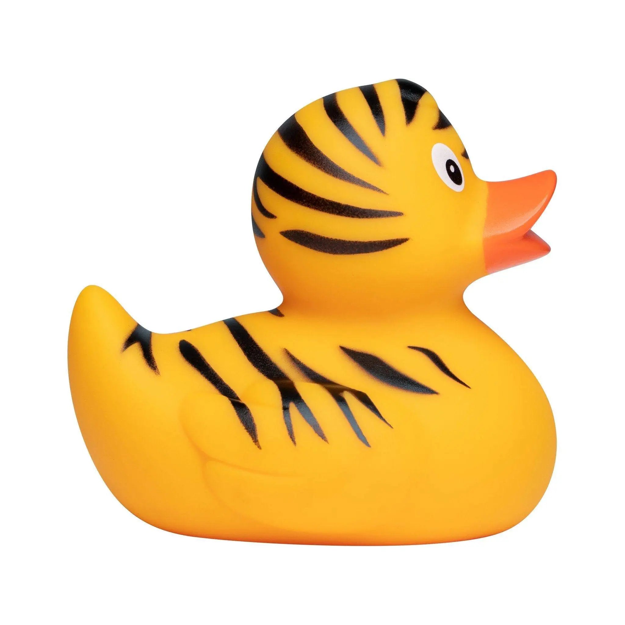 Gelbe quietsche-ente mit schwarzen tigerstreifen und orangefarbener schnabel zum baden