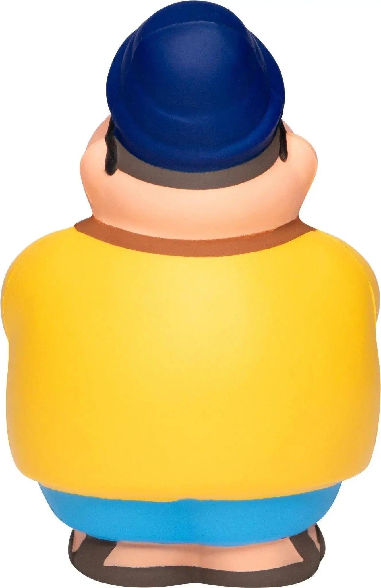 Touri bert mit kamera antistress-quetsch-figur mit blauem cap, gelbem shirt und blauen shorts, lustige cartoonfigur
