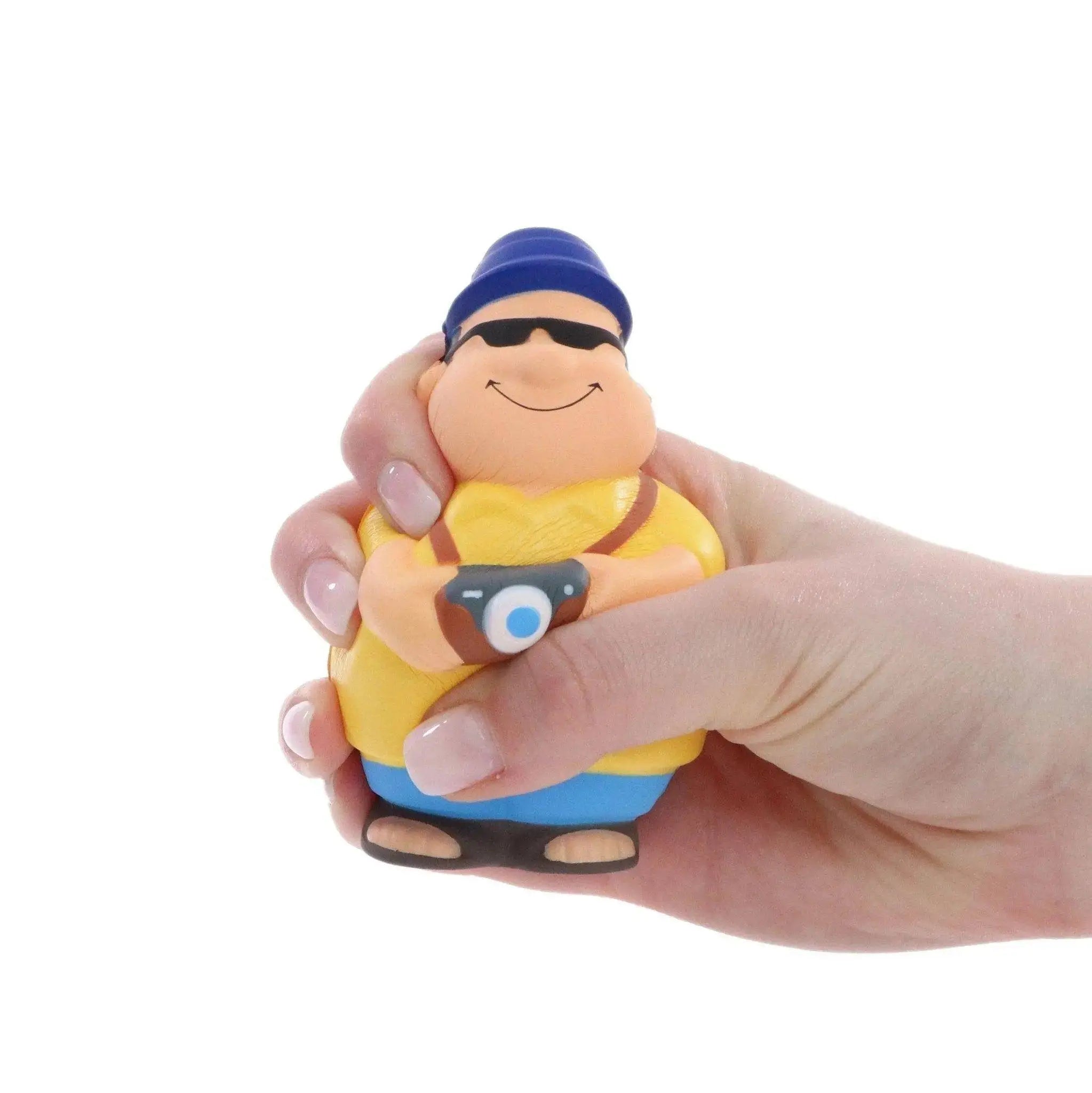 Gelb und blaues cartoon stressball mit sonnenbrille und kamera als touri bert anti stress quetsch figur