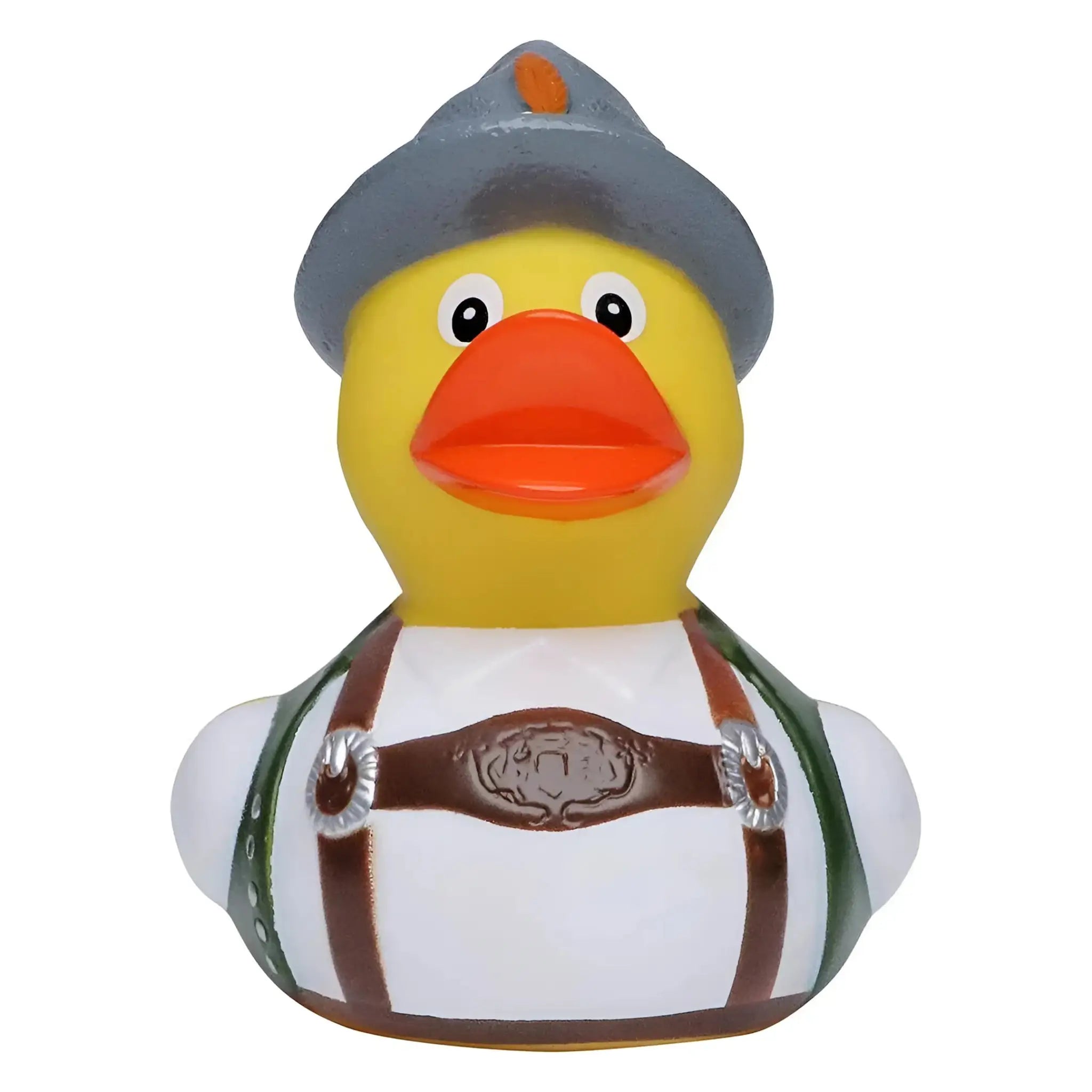 Gelbe quietscheente in bayerischer tracht mit grauem hut, orange emblem, grünen und braunen trägern und weißem outfit