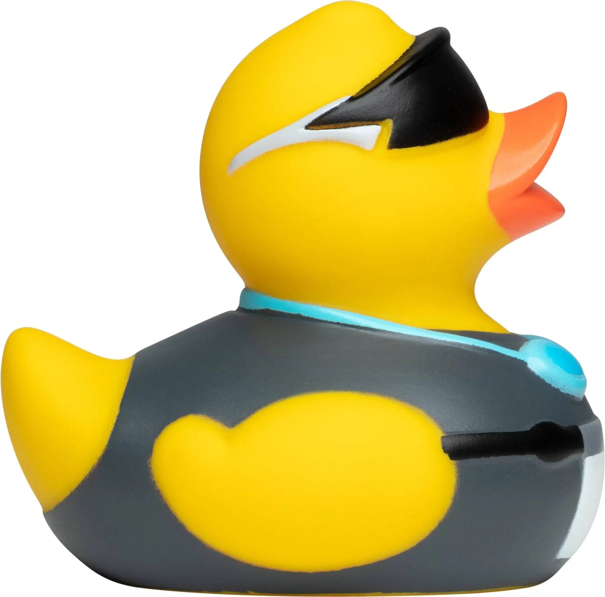 Gelbe quietsche-ente mit schwarzen sonnenbrillen und grauem anzug mit gelben akzenten für triathlon spaß