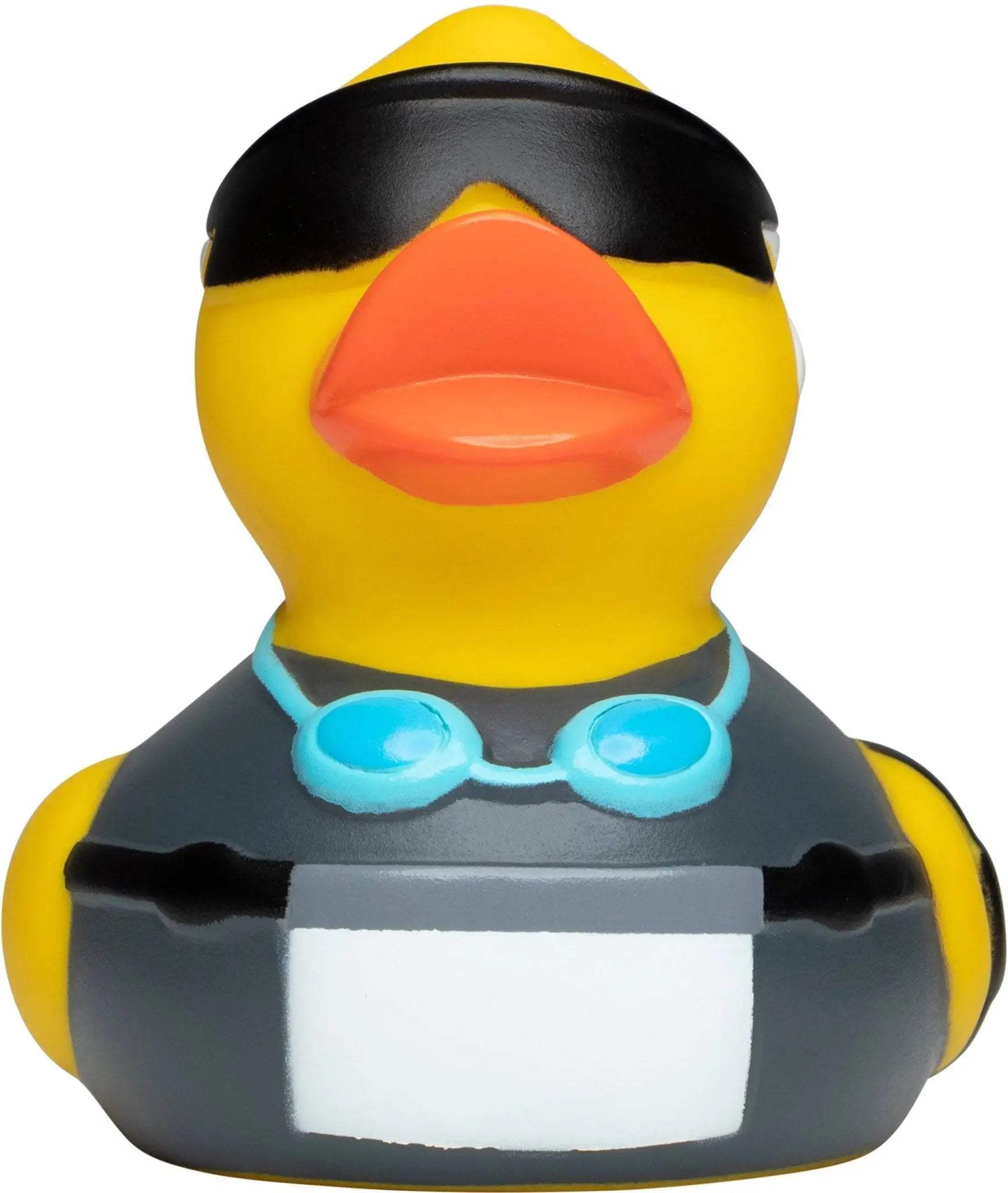 Gelbe triathlon badeente mit schwarzer sonnenbrille grauem taucheranzug und blauen taucherbrille am hals