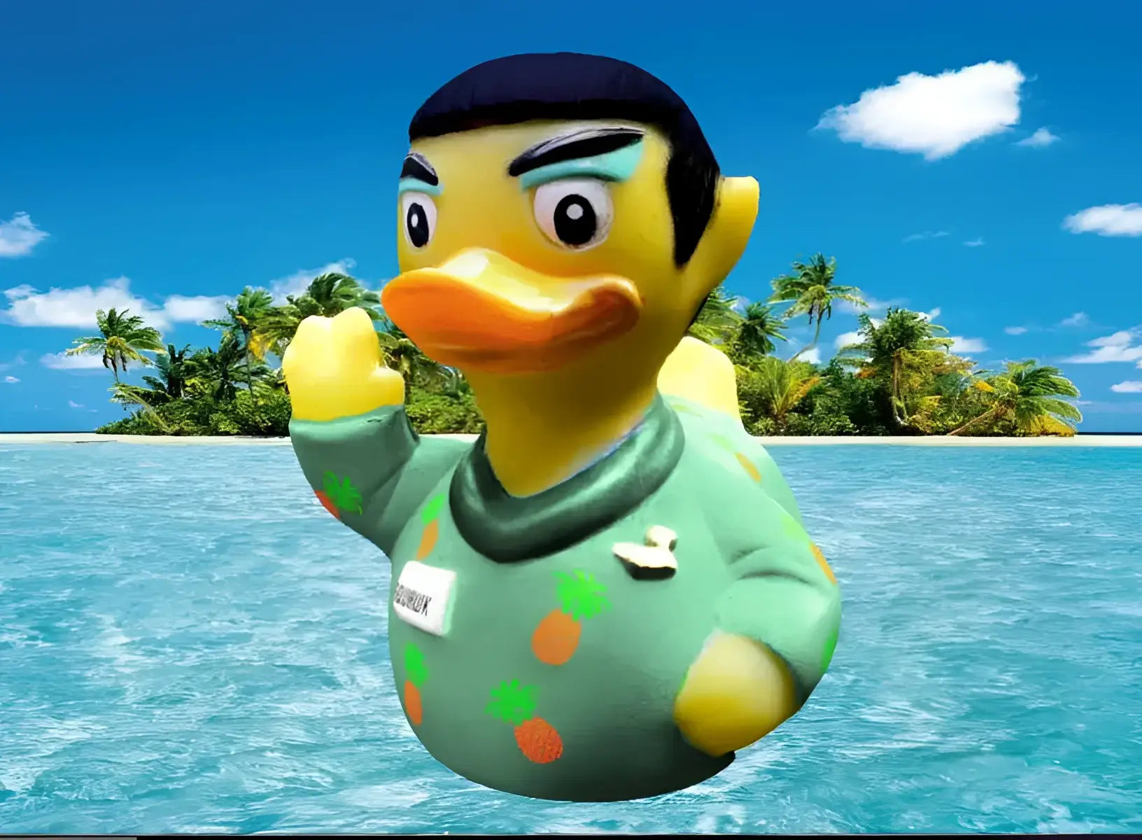 Eine gelbe gummiente mit schwarzem haar in grünem schlafanzug mit ananasmuster tropical squawk von celebriducks