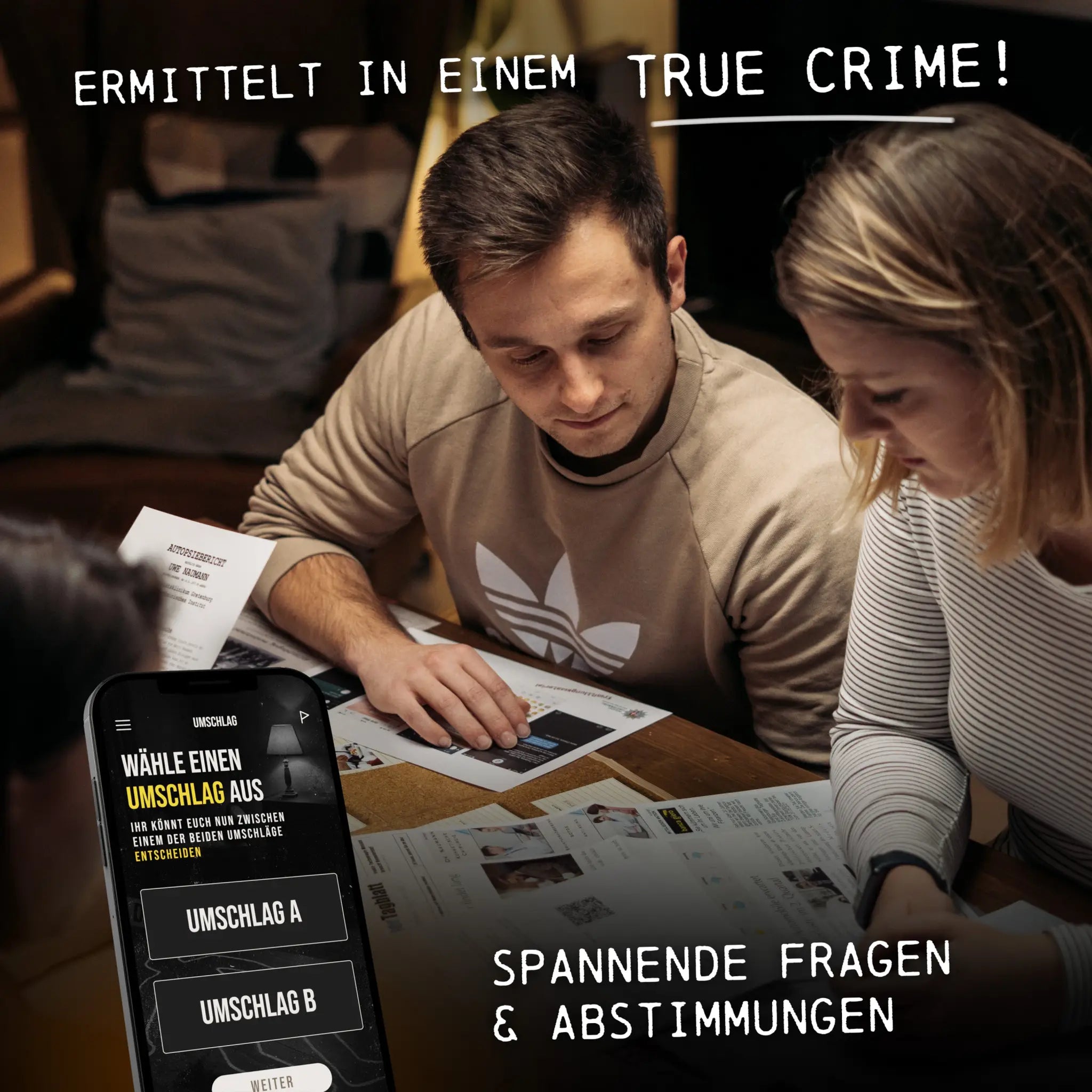 Schwarzes smartphone zeigt true crime spiel akte fehltritt quiz app mit wahl zwischen umschlag und umschlag b