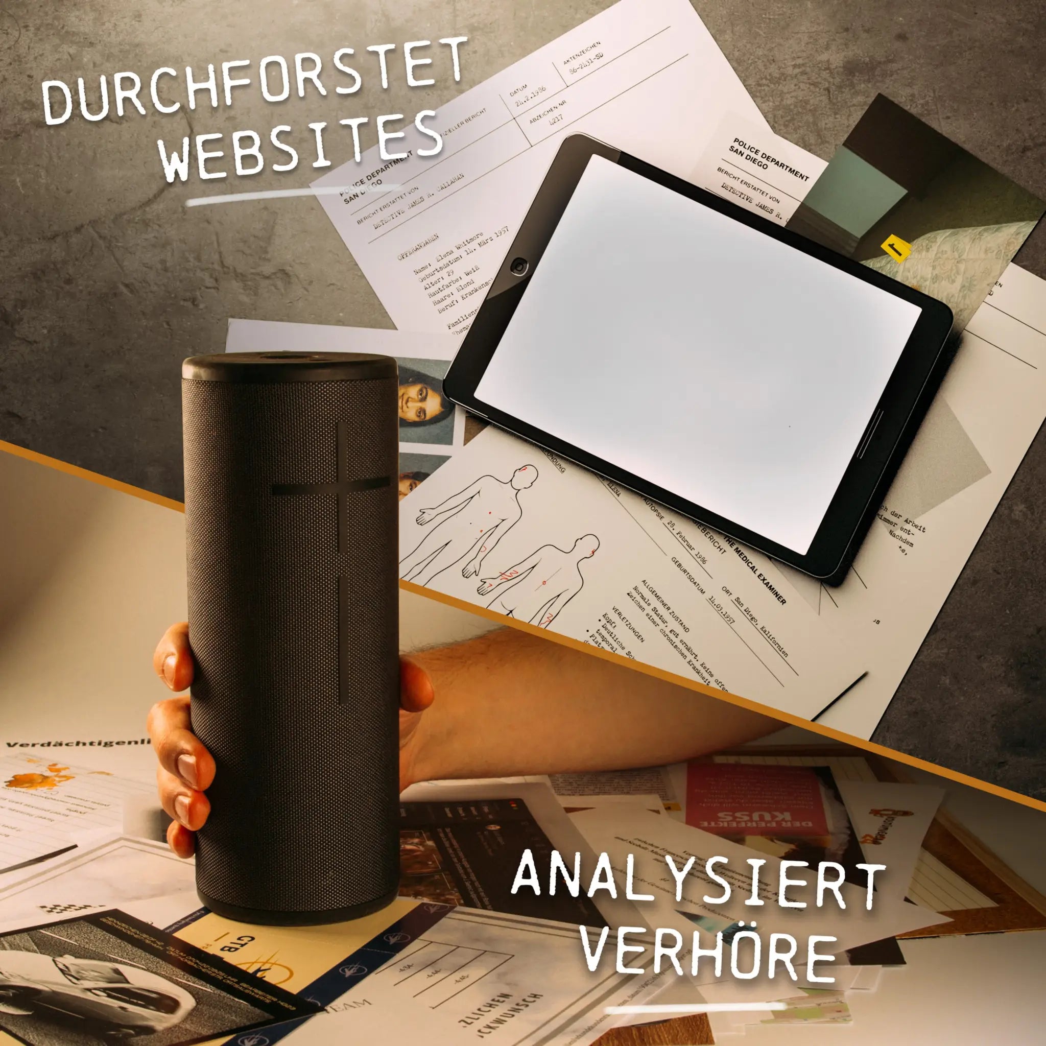 Schwarzer zylindrischer lautsprecher mit strukturierter oberfläche und dezentem kreuzförmigem eindruck true crime spiel akte fehltritt