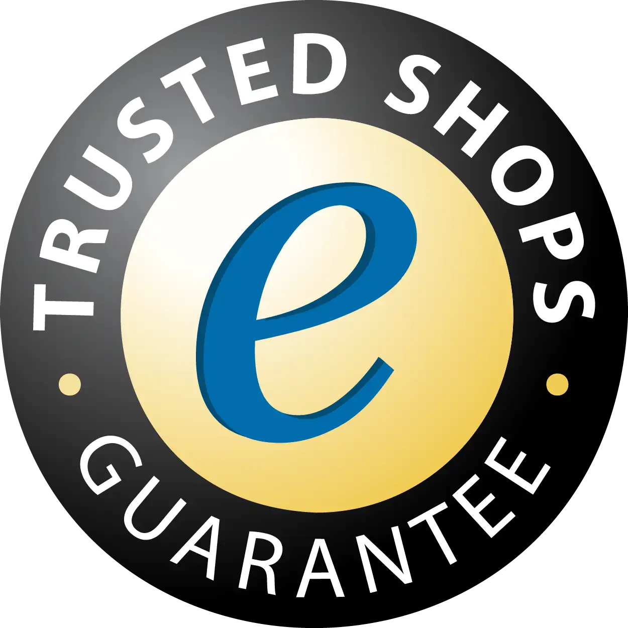 Blaues stilisiertes Buchstabe ’e’ Logo auf goldener kreisförmiger Hintergrund, umgeben vom Text ’trusted shops guarantee’ in Weiß.