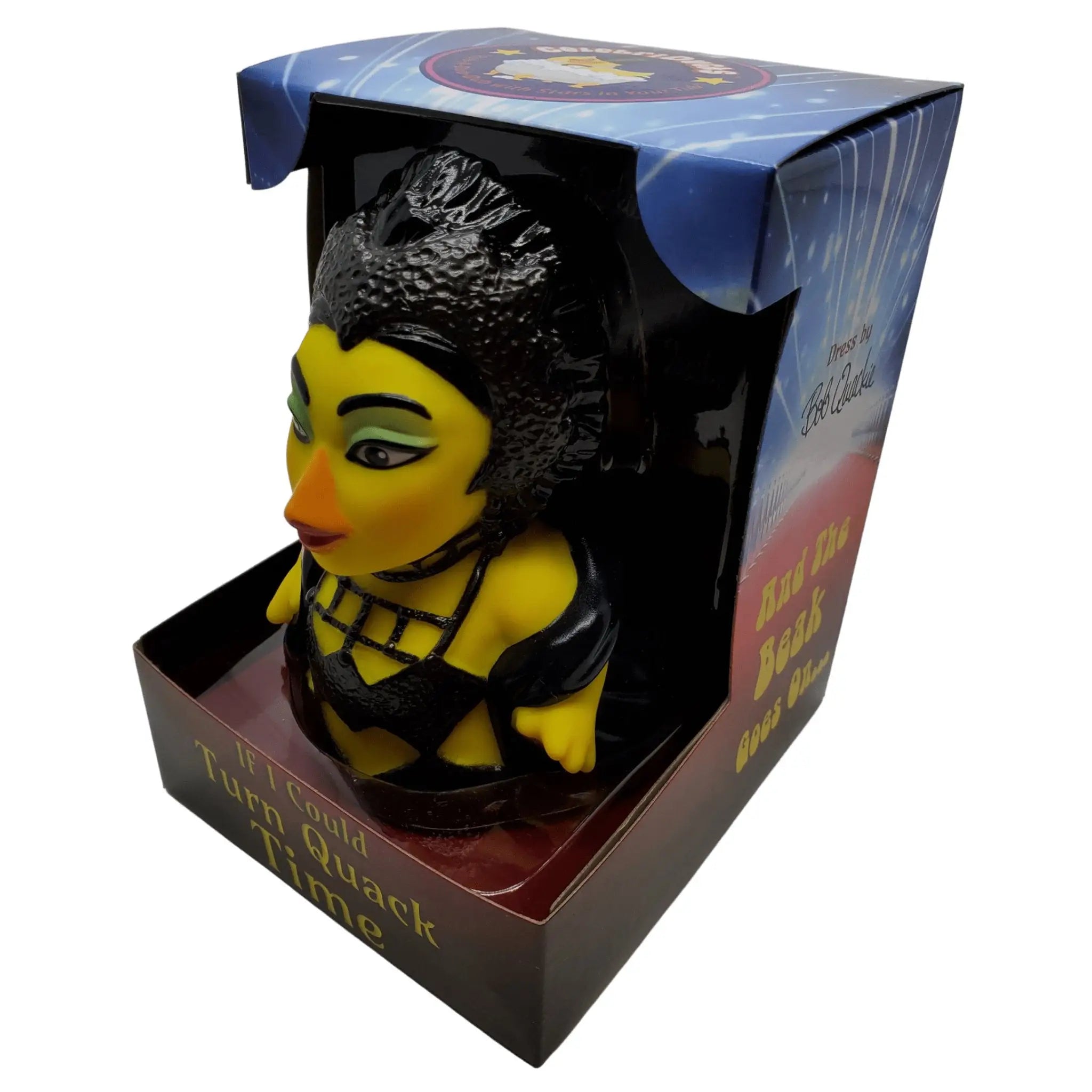 Gelbe rubber duck mit schwarzem strukturiertem haar und schwarzer spitzenoberteil von celebri ducks