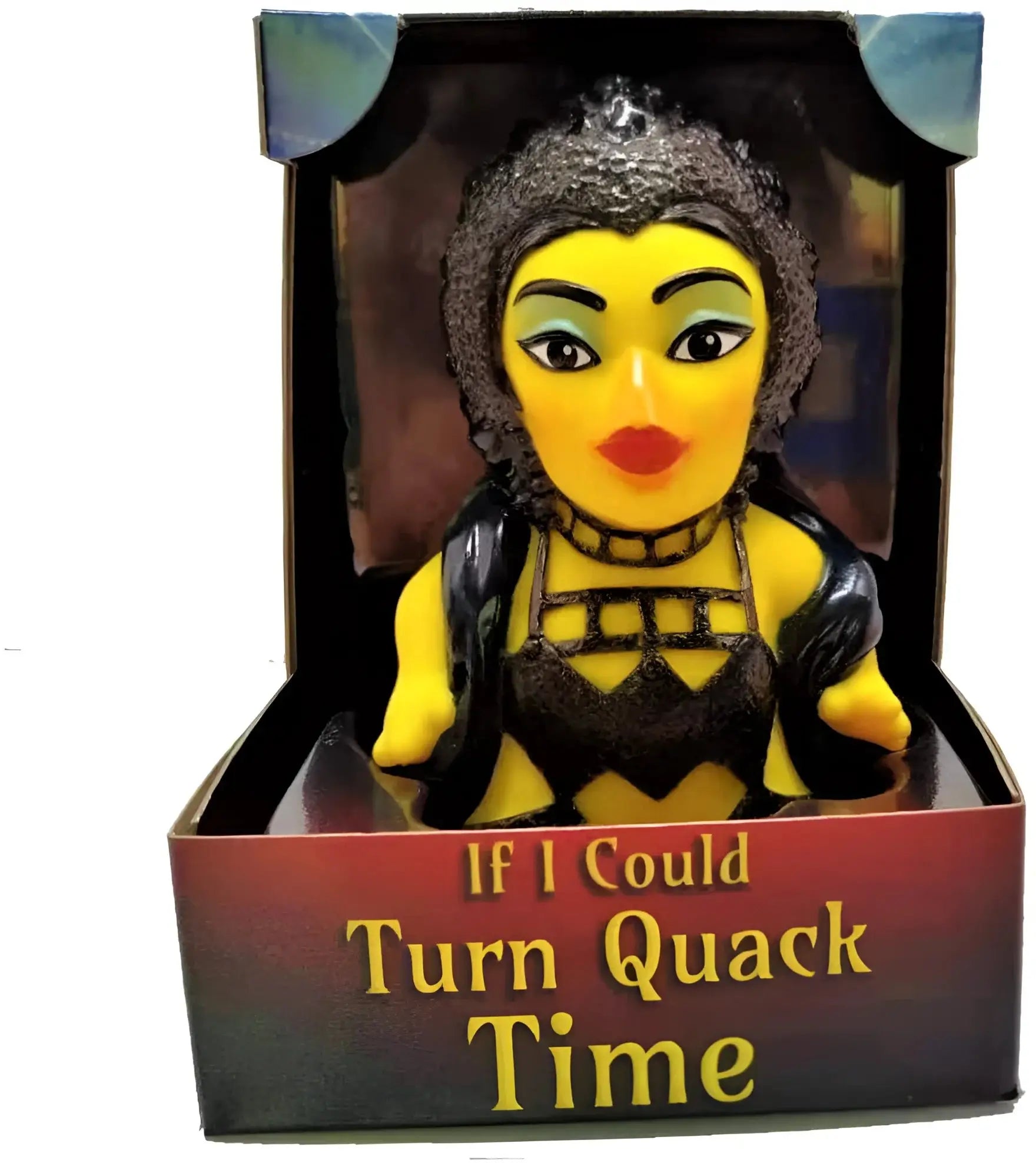 Yellow rubber duck mit schwarzem lockenhaar, grüner lidschatten, roten lippen und schwarzem harness outfit von celebriDucks