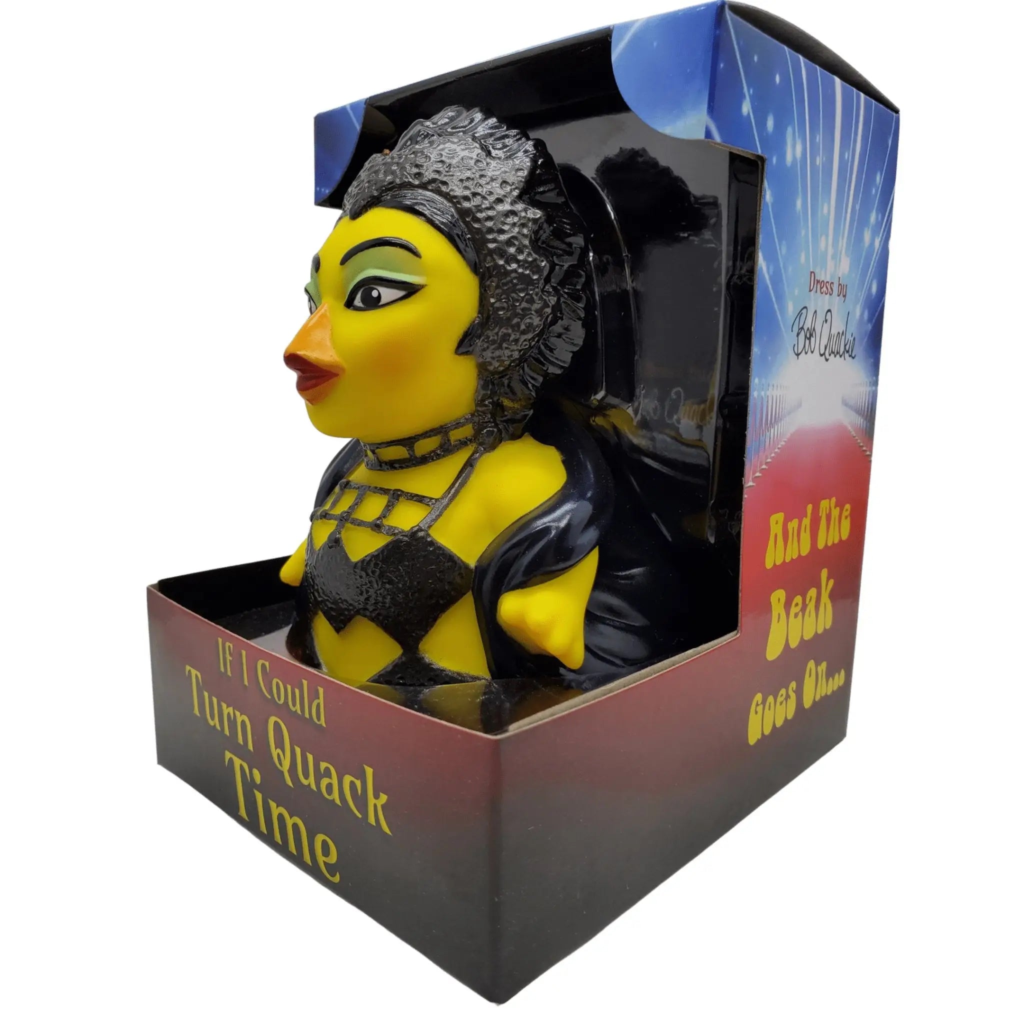 Gelbe gummiente turn quack time mit schwarzem silbernem kostüm und strukturierter afrofrisur von celebri ducks