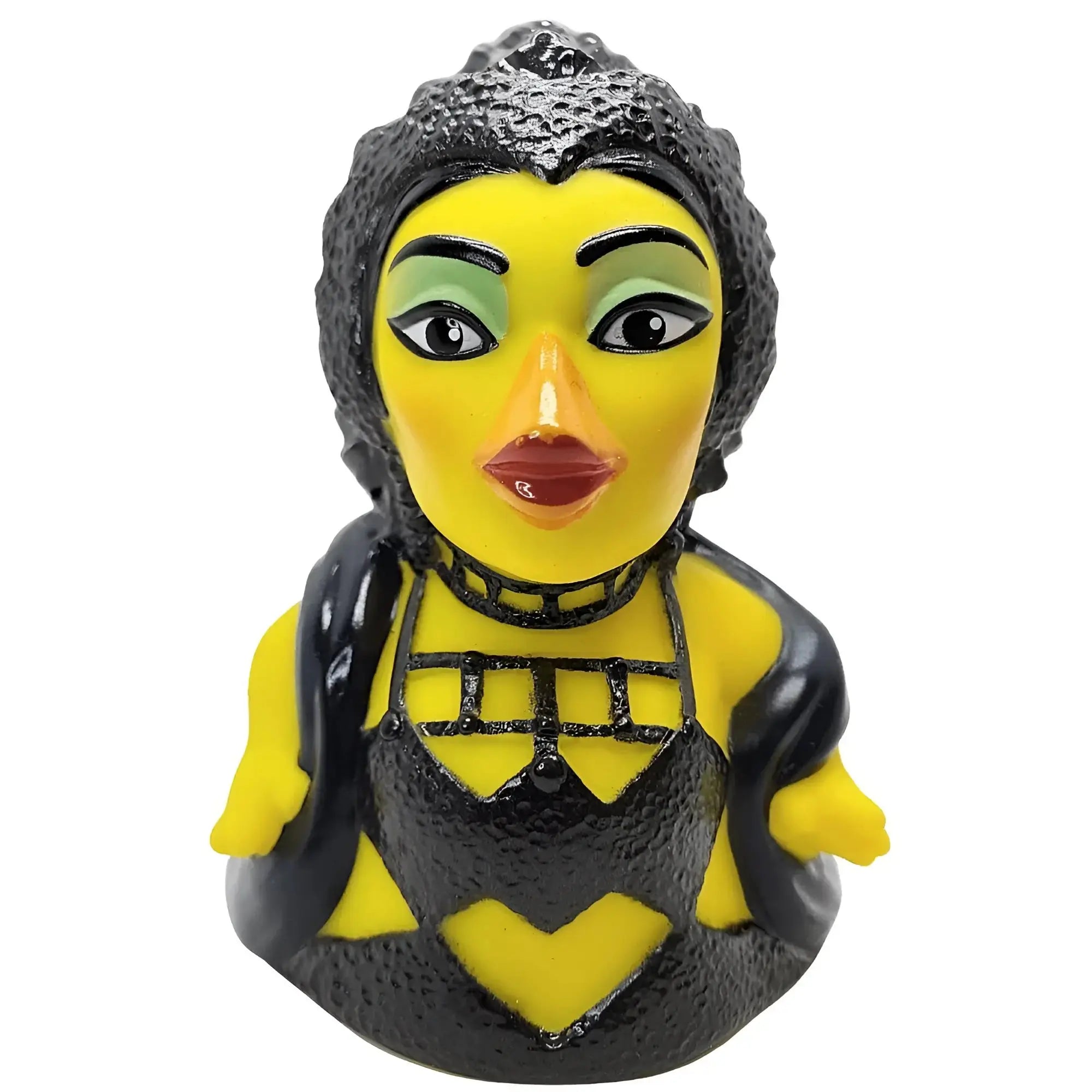 Gelb schwarzer gummiente mit bienenlook und lockiger frisur turn quack time offizielles product von celebriducks