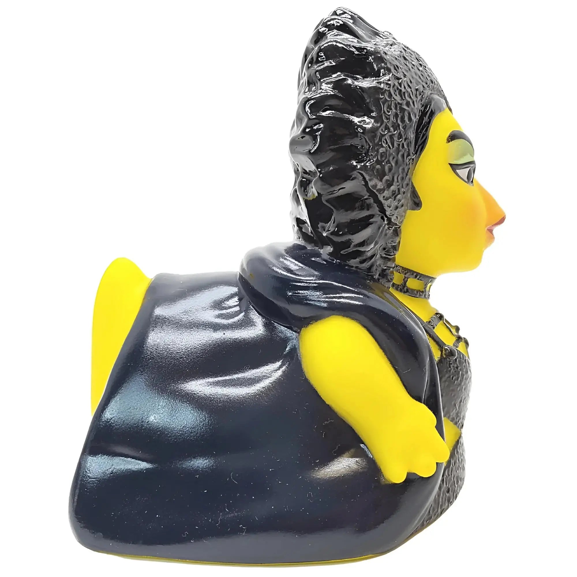 A glossy black and yellow rubber duck featuring a curly-haired female figure design from celebri ducks official product line