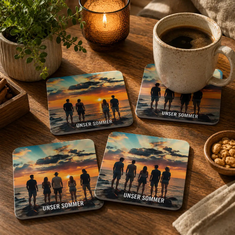 Personalisierte quadratische Untersetzer mit einer bedruckten Strand-Sunset-Szene mit Silhouettenfiguren und dem Text „unser sommer“ in Weiß.