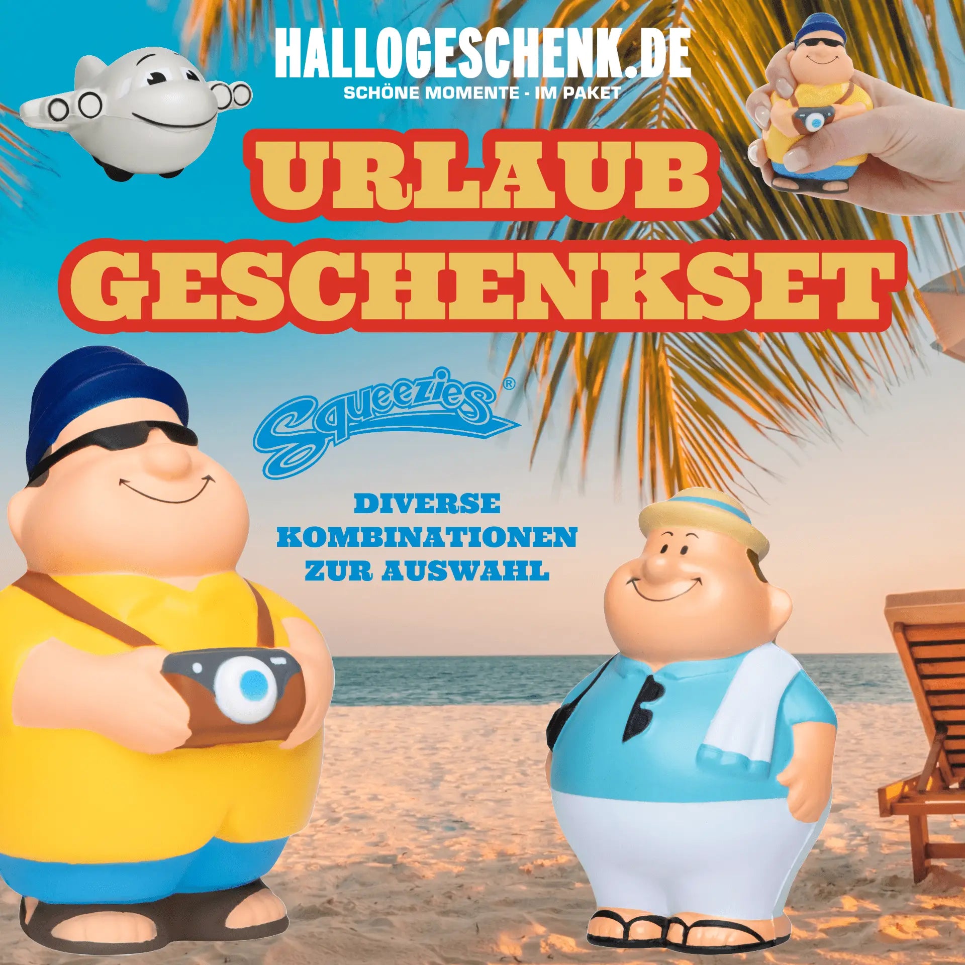Gelbe und blaue quetschfiguren im stranddesign mit kamera-zubehör im urlaub geschenkset badeente bundle