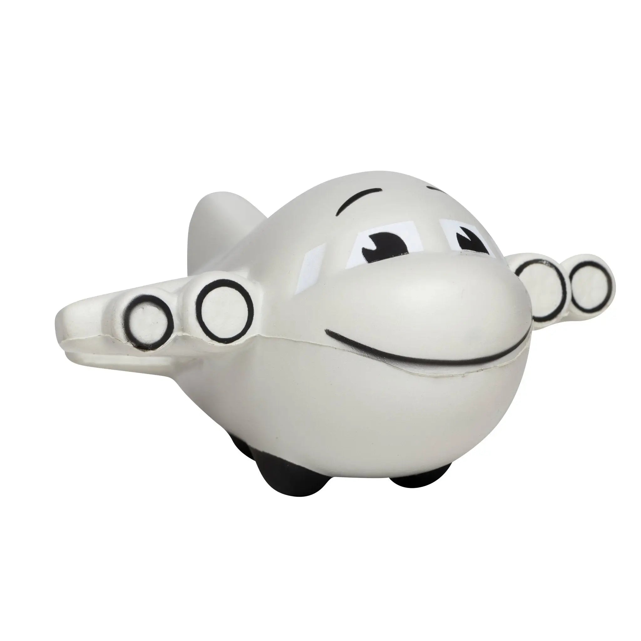 Weißes flugzeug stressball mit schwarzen cartoonaugen lächeln und fenster details im urlaub geschenkset