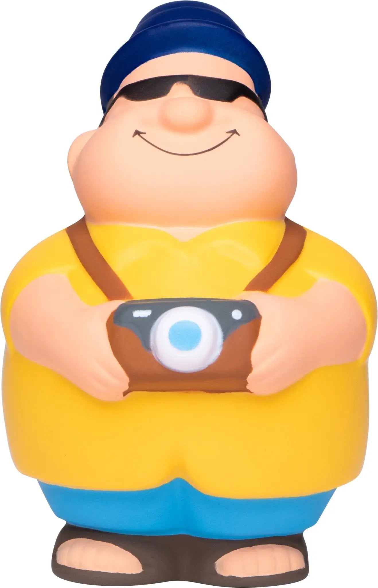 Gelb-blauer cartoon fotograf quetschfigur mit mütze, sonnenbrille und sandalen hält braune kamera im urlaub geschenkset