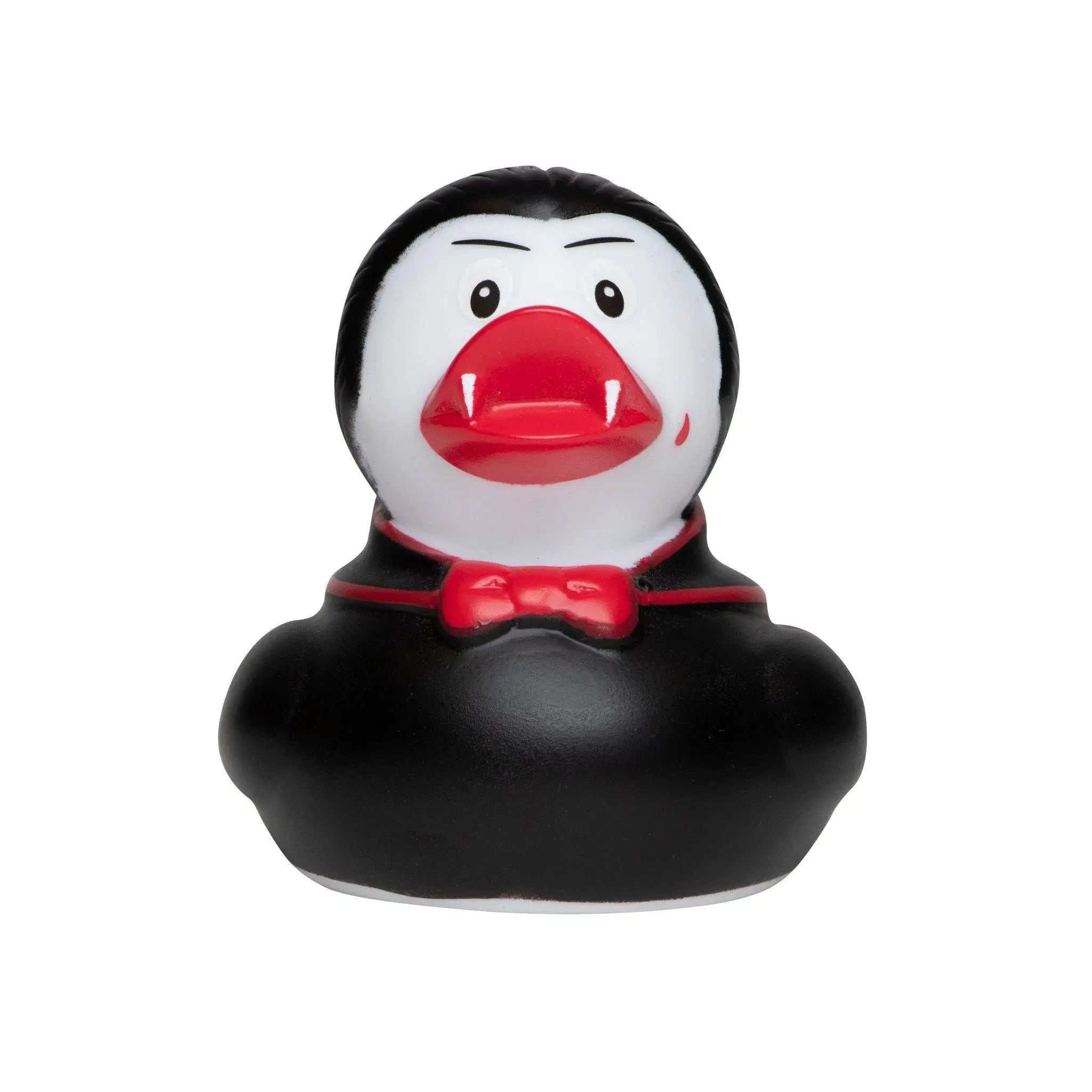 schwarze vampir badeente aus gummi mit roten lippen, fängen und schleife im style von Dracula