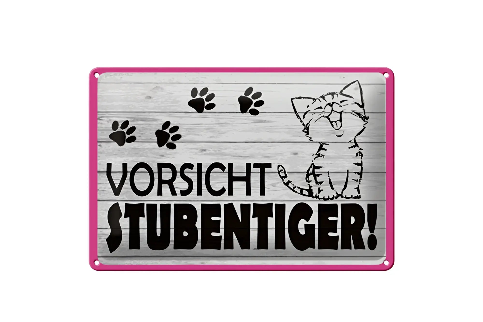 Rechteckiges vortisch stubentiger blechschild mit pinkem rand schwarzen pfoten abdruck und katzenillustration