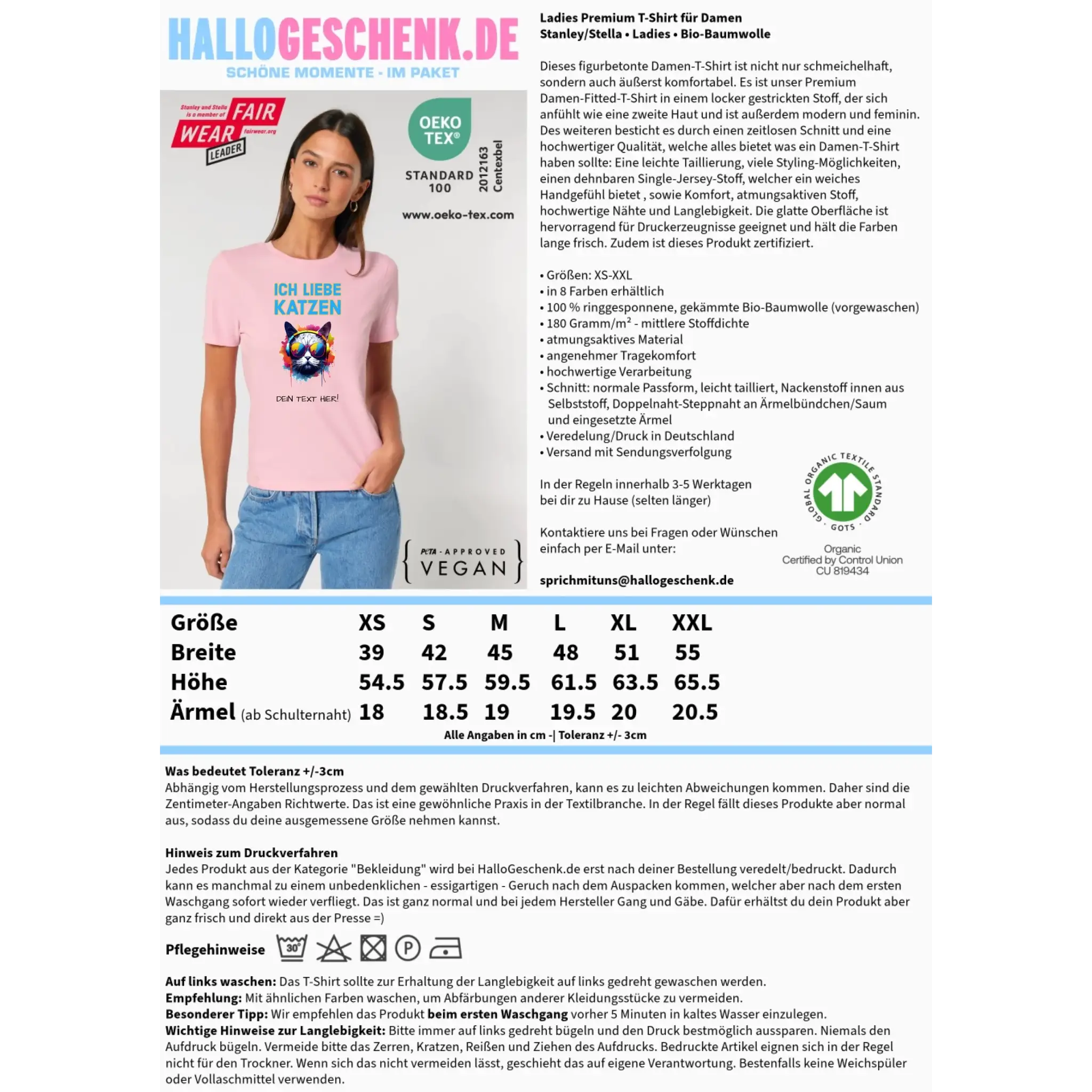 Wähle die Katze mit Motivauswahl + Text • Ladies Premium T-Shirt XS-2XL aus Bio-Baumwolle für Damen • Exklusivdesign • personalisiert
