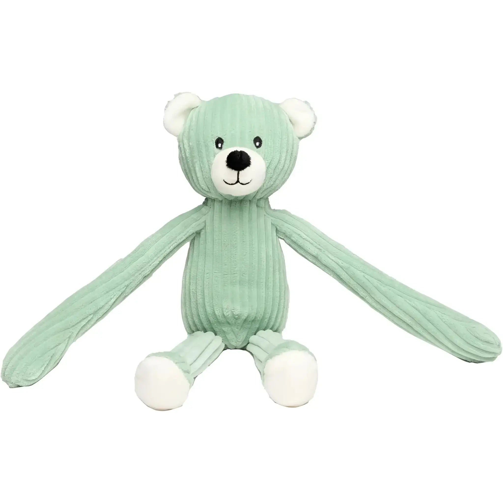 Ein weicher minzgrüner corduroy teddy bär mit weißen akzenten aus dem waldtier-duo fuchs und bär set von minifeet