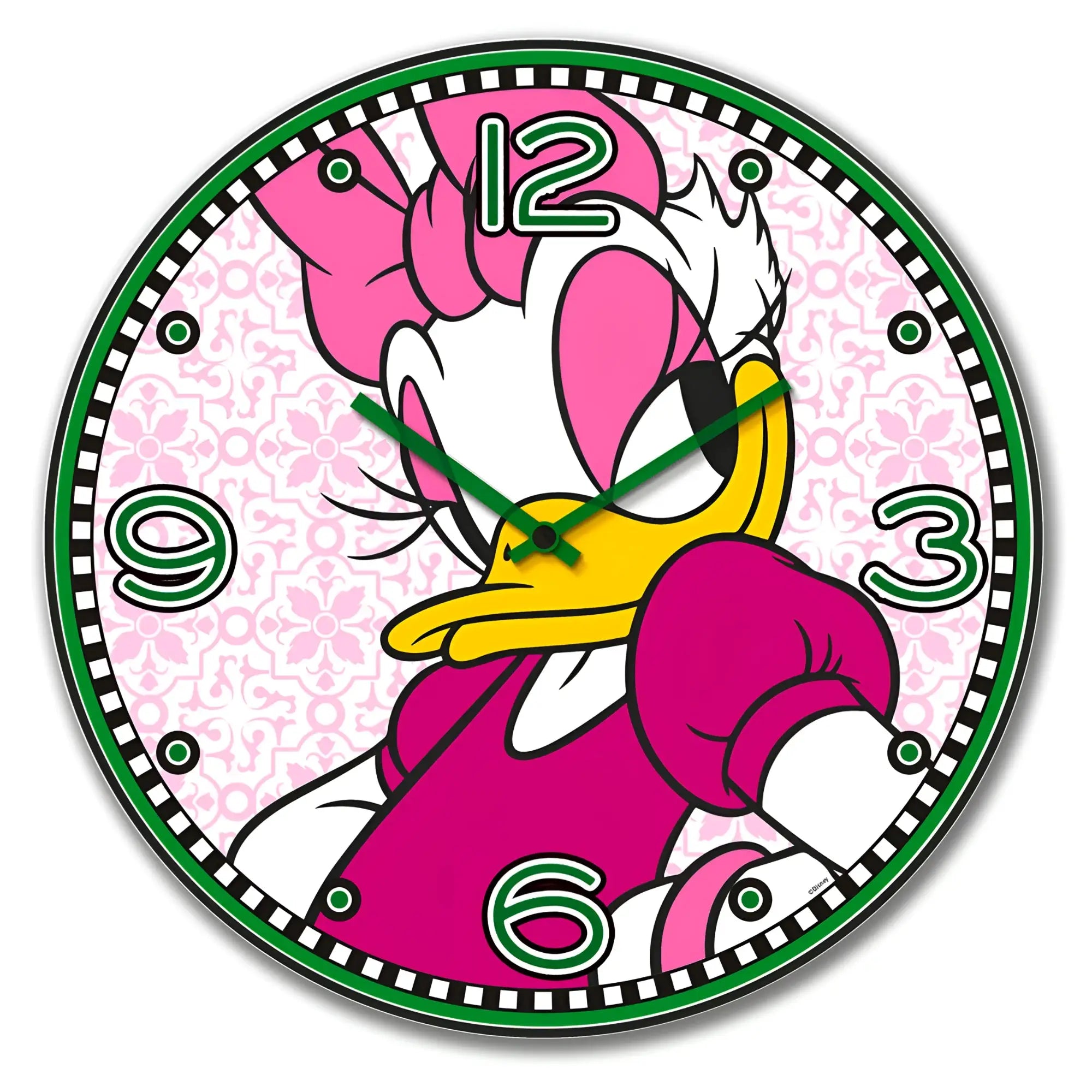 Runde wanduhr mit daisy duck cartoon in magentafarbenem kleid und pinkem haar vor hellem rosa muster von GILDE Handwerk