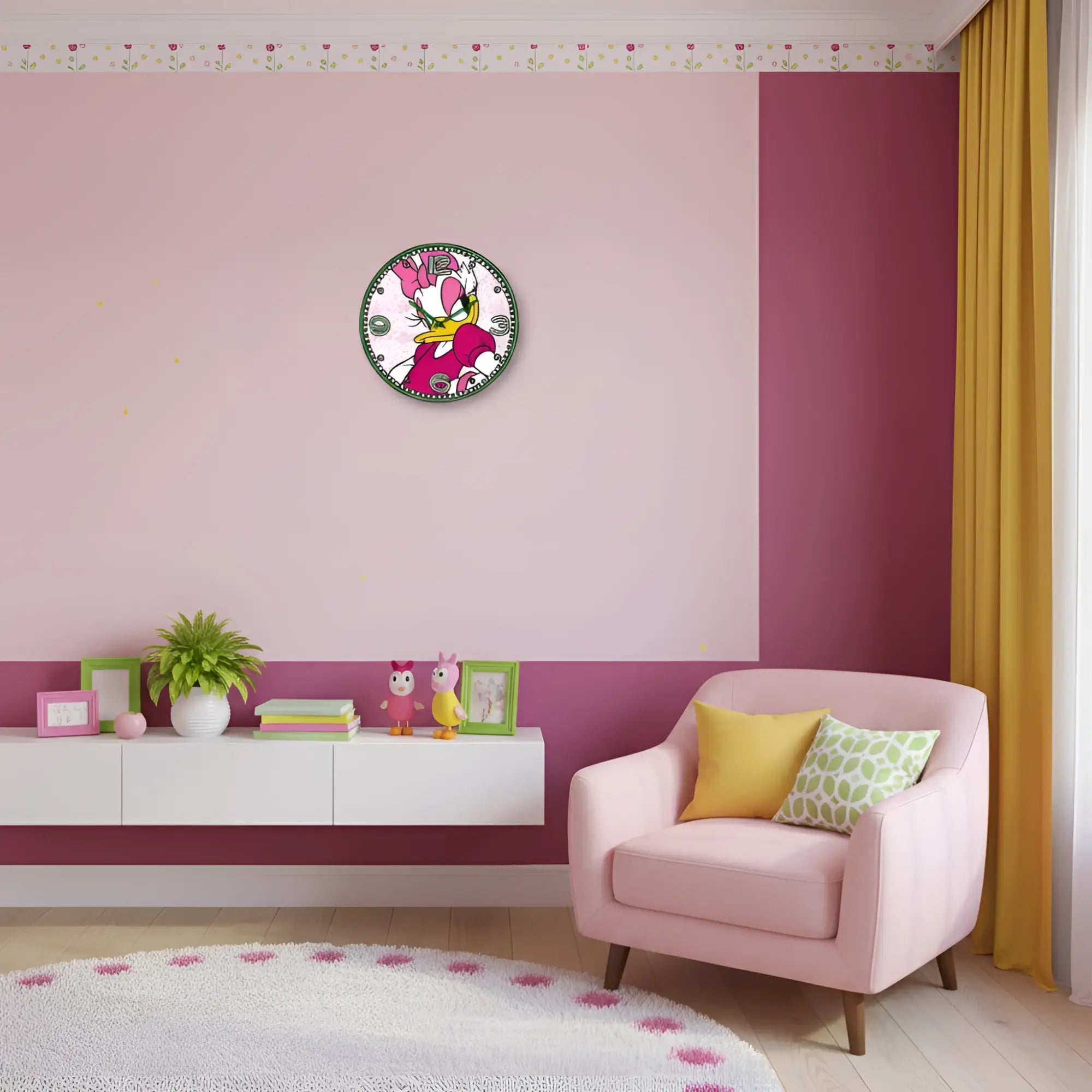 Runde wanduhr mit daisy duck cartoon design in pink und gelb vor zweifarbigem pink magenta wandhintergrund
