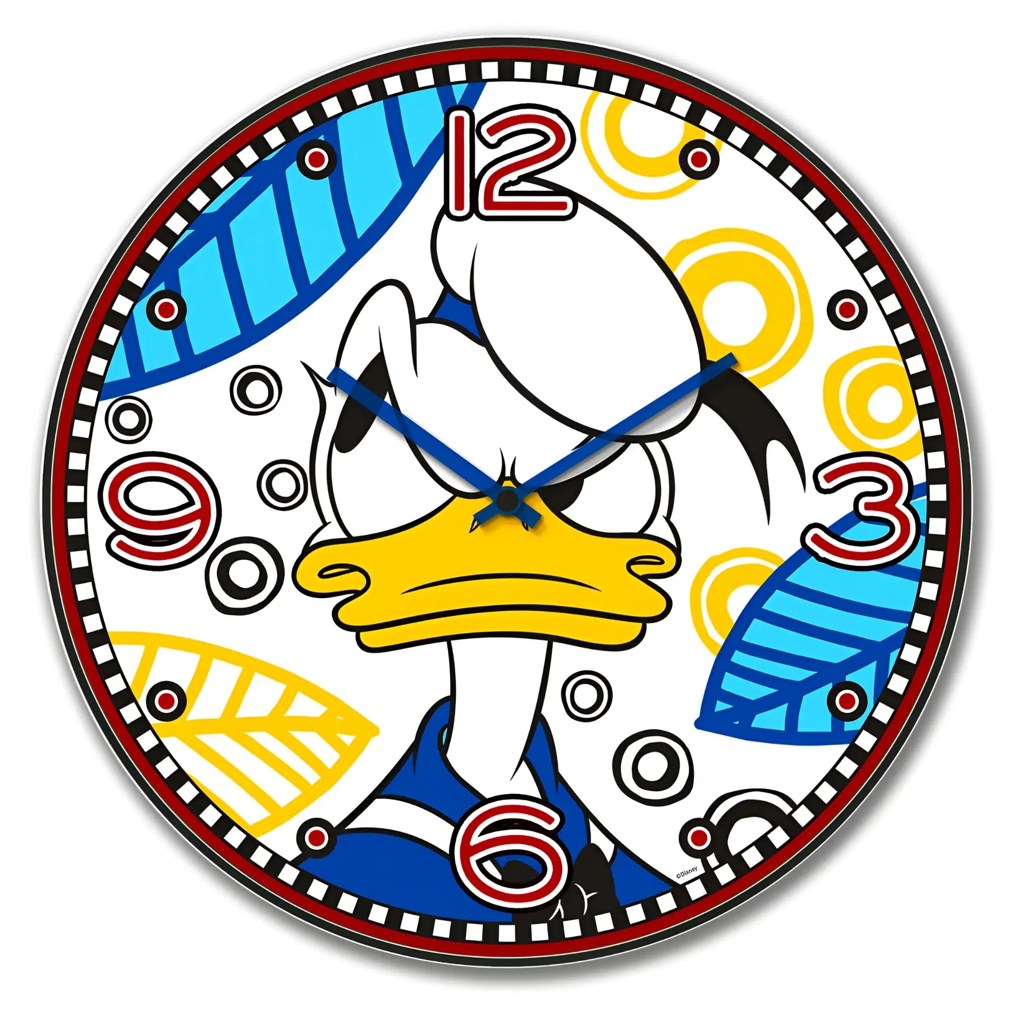 Wanduhr donald duck 50 cm mit buntem cartoonmotiv blau gelb rot und schwarz-weißem karomuster rahmen