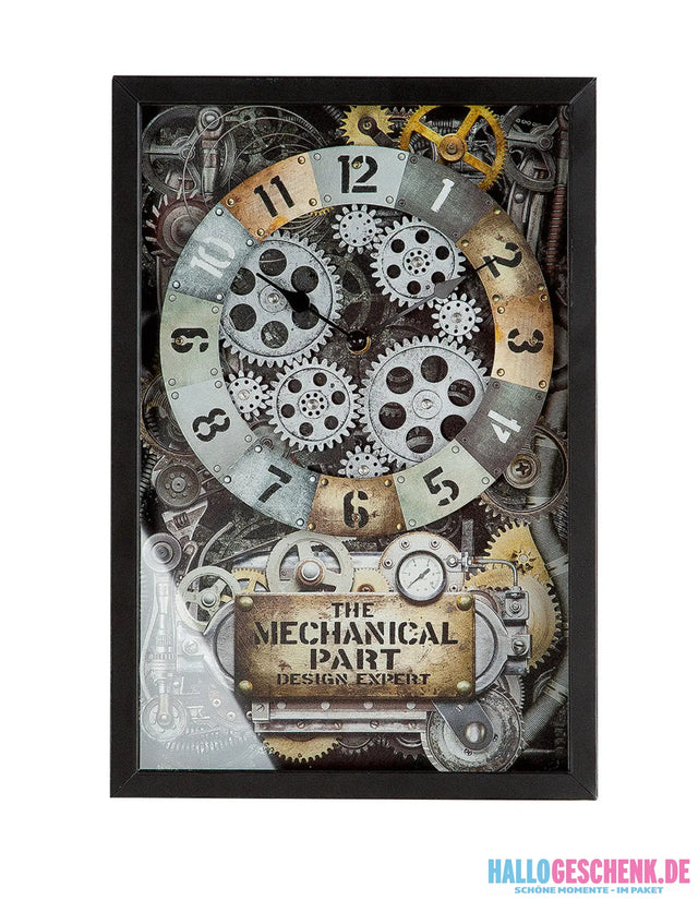 Wanduhr: „Steampunk“ • Glas & Metall • champagnerfarben/schwarz/silberfarben • 40,5×27,5×6 cm - Wandobjekte