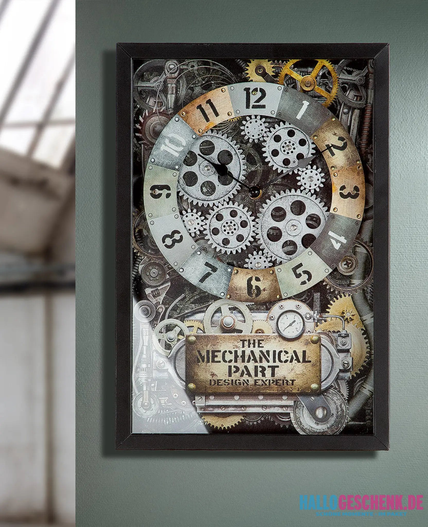 Wanduhr: „Steampunk“ • Glas & Metall • champagnerfarben/schwarz/silberfarben • 40,5×27,5×6 cm - Wandobjekte