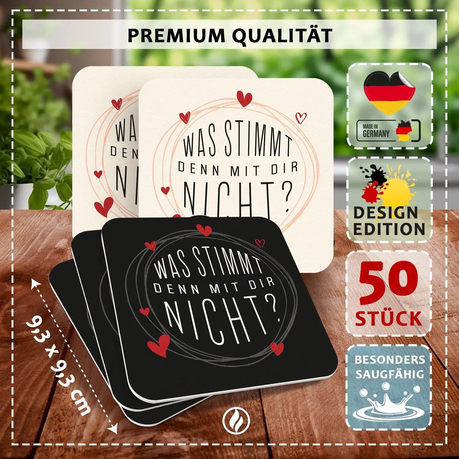 ’Was stimmt denn mit dir nicht?’ Bierdeckel - 50 Stück - Witziges Design Herzen