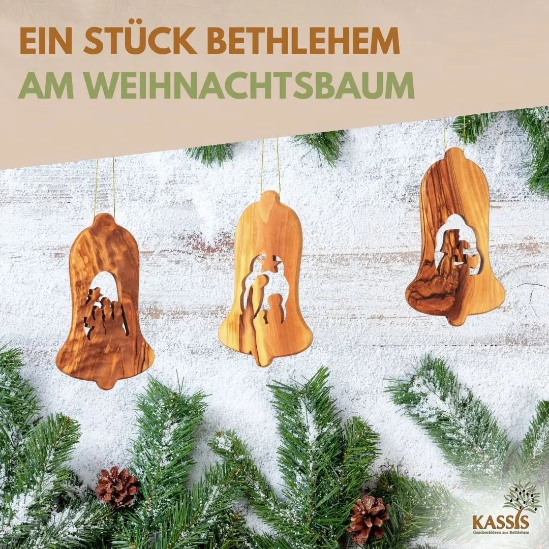 Weihnachtsdeko Baumschmuck Krippe 3er Set Glocke Anhänger - ohne Rinde - Weihnachtsdeko