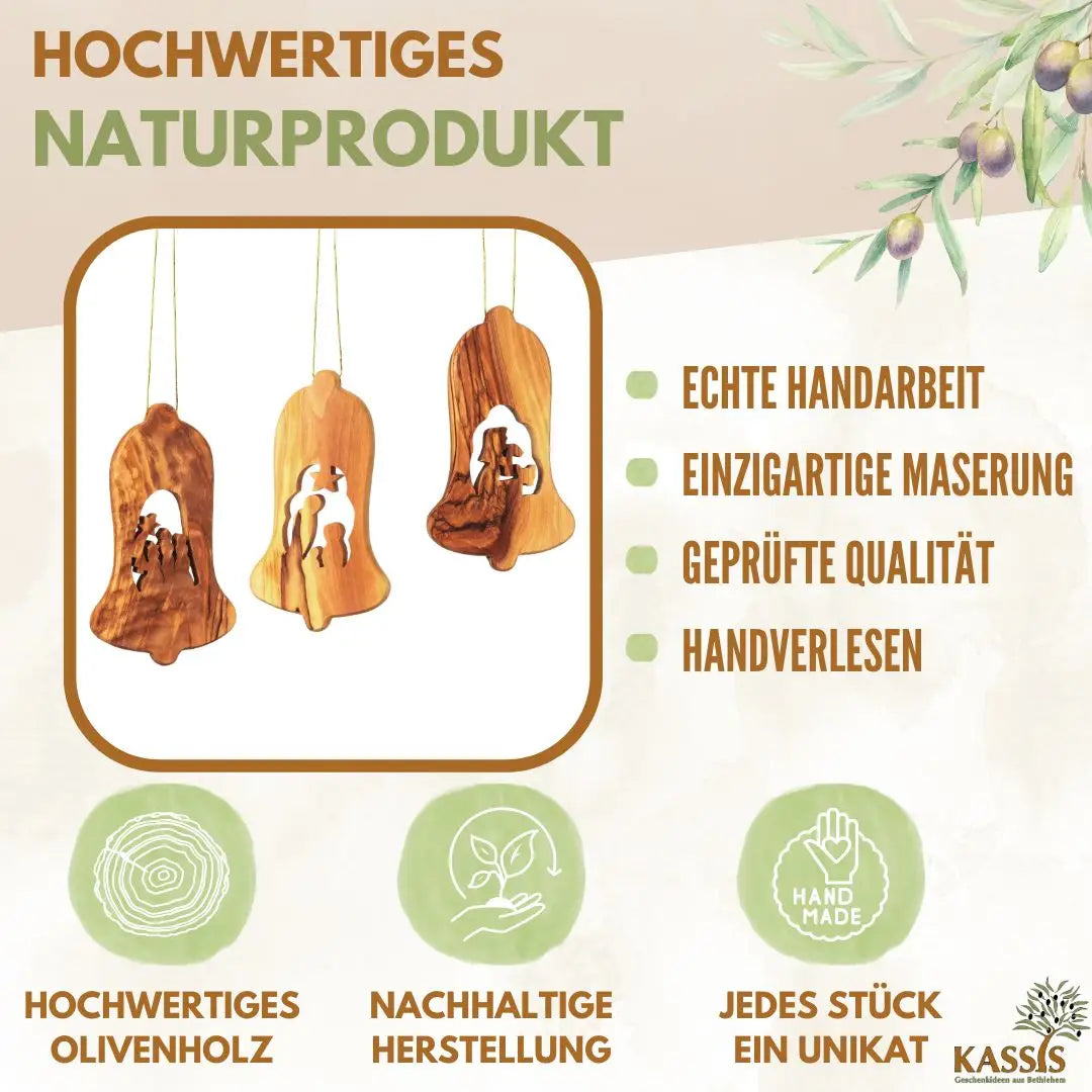 Weihnachtsdeko Baumschmuck Krippe 3er Set Glocke Anhänger - ohne Rinde - Weihnachtsdeko