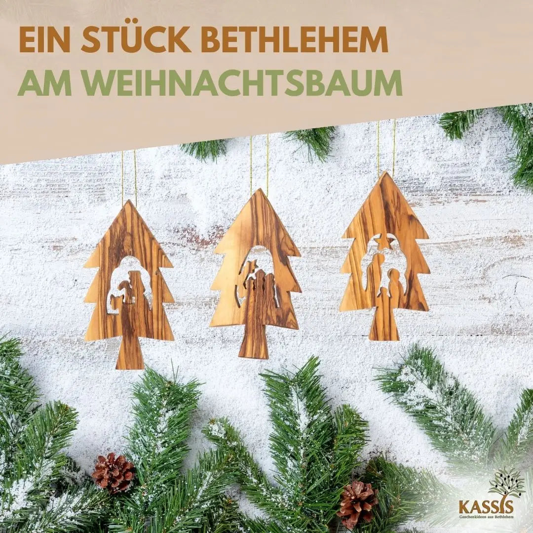 Weihnachtsdeko Baumschmuck Krippe 3er Set Tannenbaum Anhänger - ohne Rinde - Weihnachtsdeko
