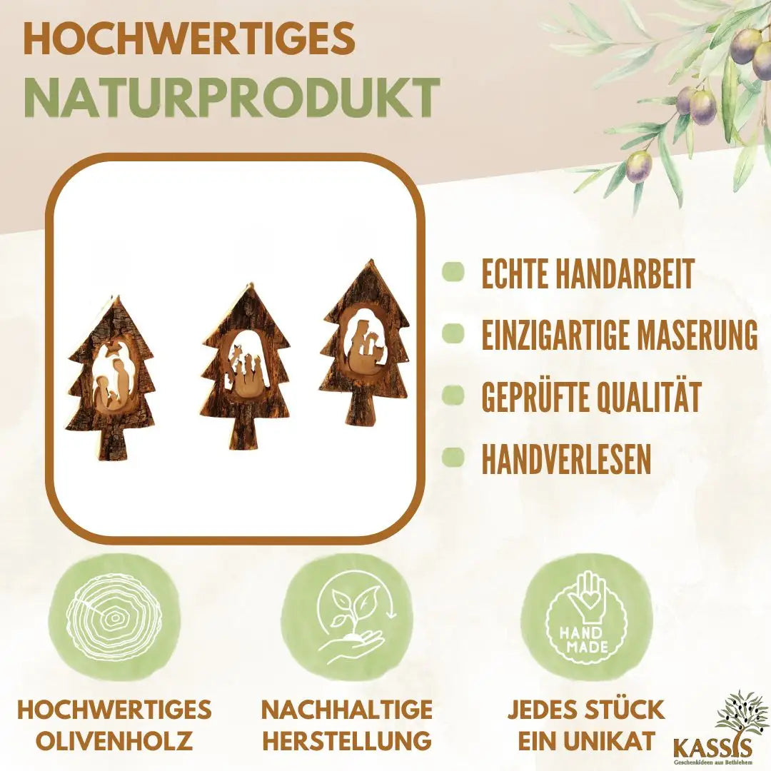 Weihnachtsdeko Baumschmuck Krippe im Tannenbaum mit Rinde 3er Set - Weihnachtsdeko