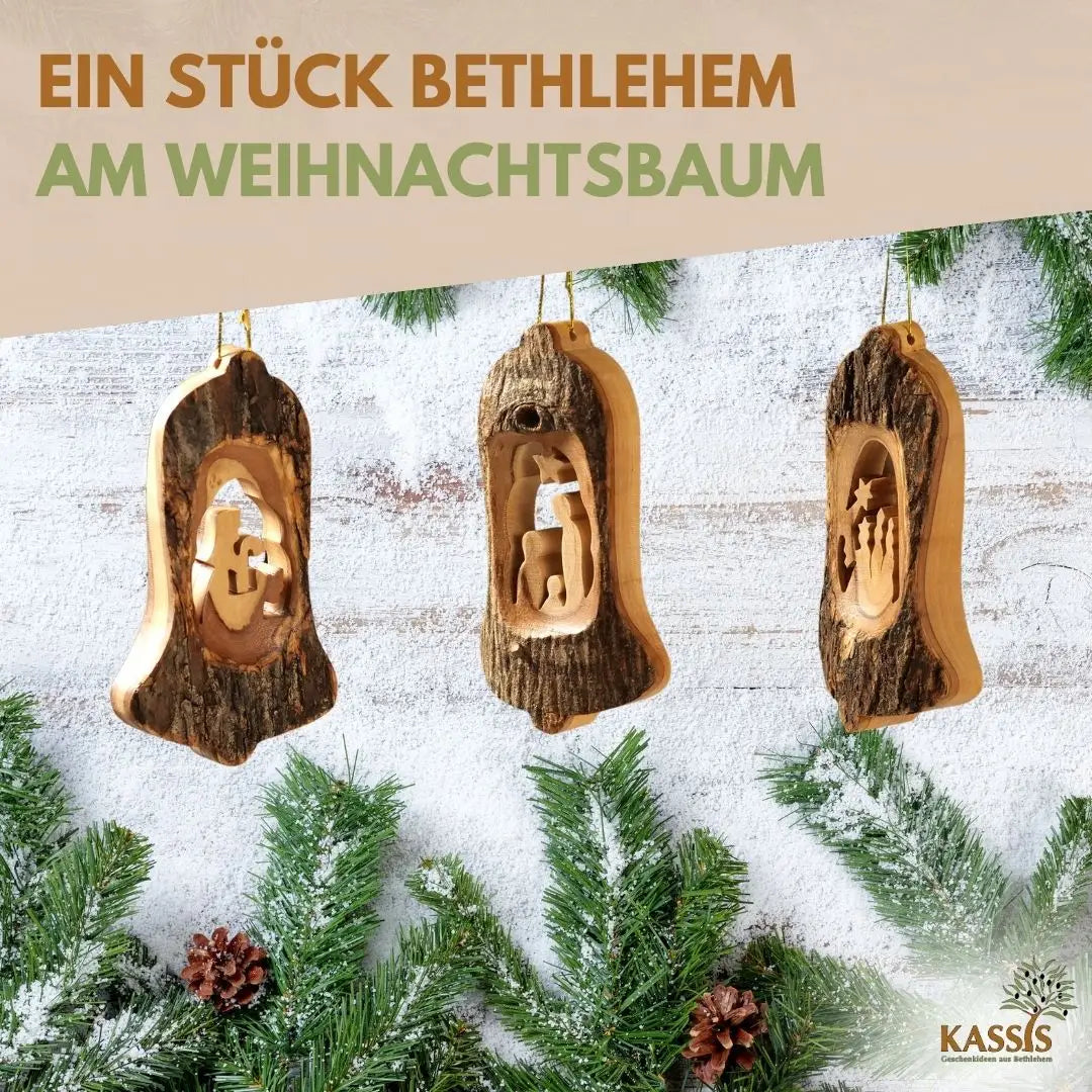 Weihnachtsdeko Baumschmuck Krippe in Glocke mit Rinde 3er Set - Weihnachtsdeko