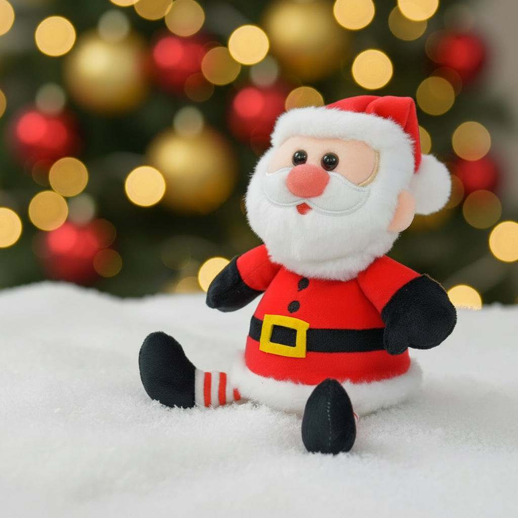 Plüschweihnachtsmann jingle mit rotem und weißem hut, flauschigem bart, rotem anzug und batteriebetrieben zum nachplappern