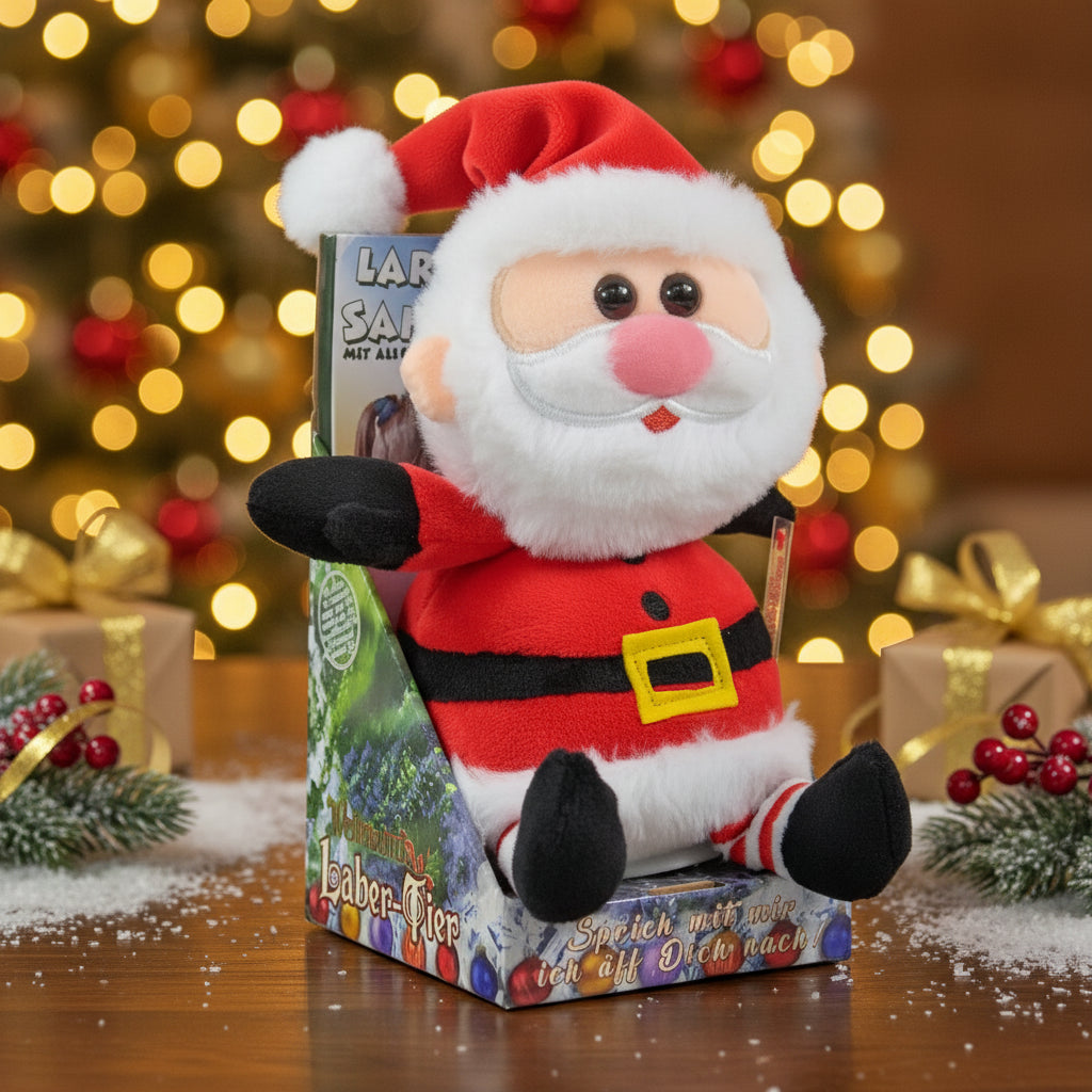 Weihnachtsmann jingle plüsch spielzeug mit rotem und weißem outfit schwarzen handschuhen gestreiften socken und batterien