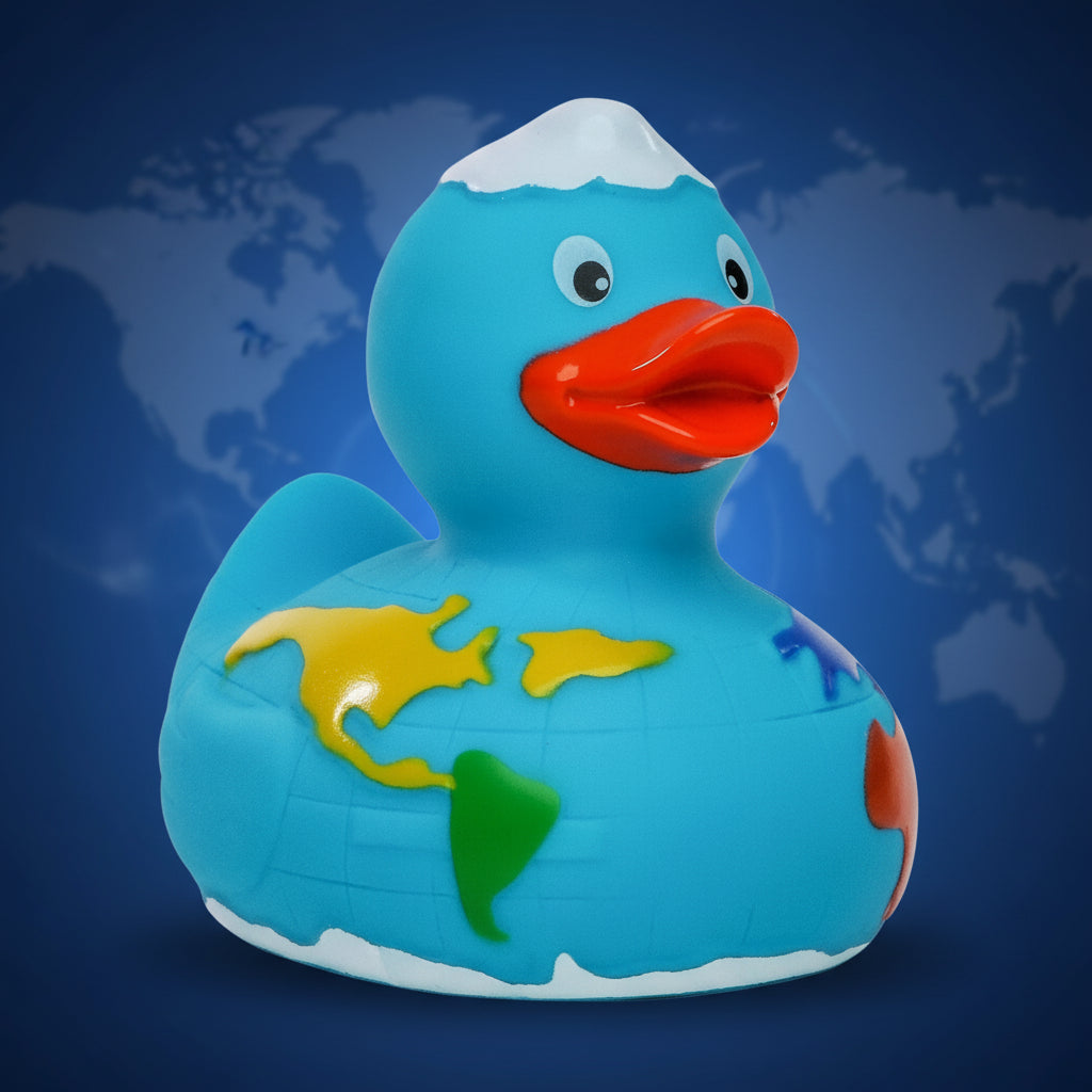 Blaue gummi-quietscheente mit weltkartendesign und weißem schnee auf dem kopf perfekt zum baden