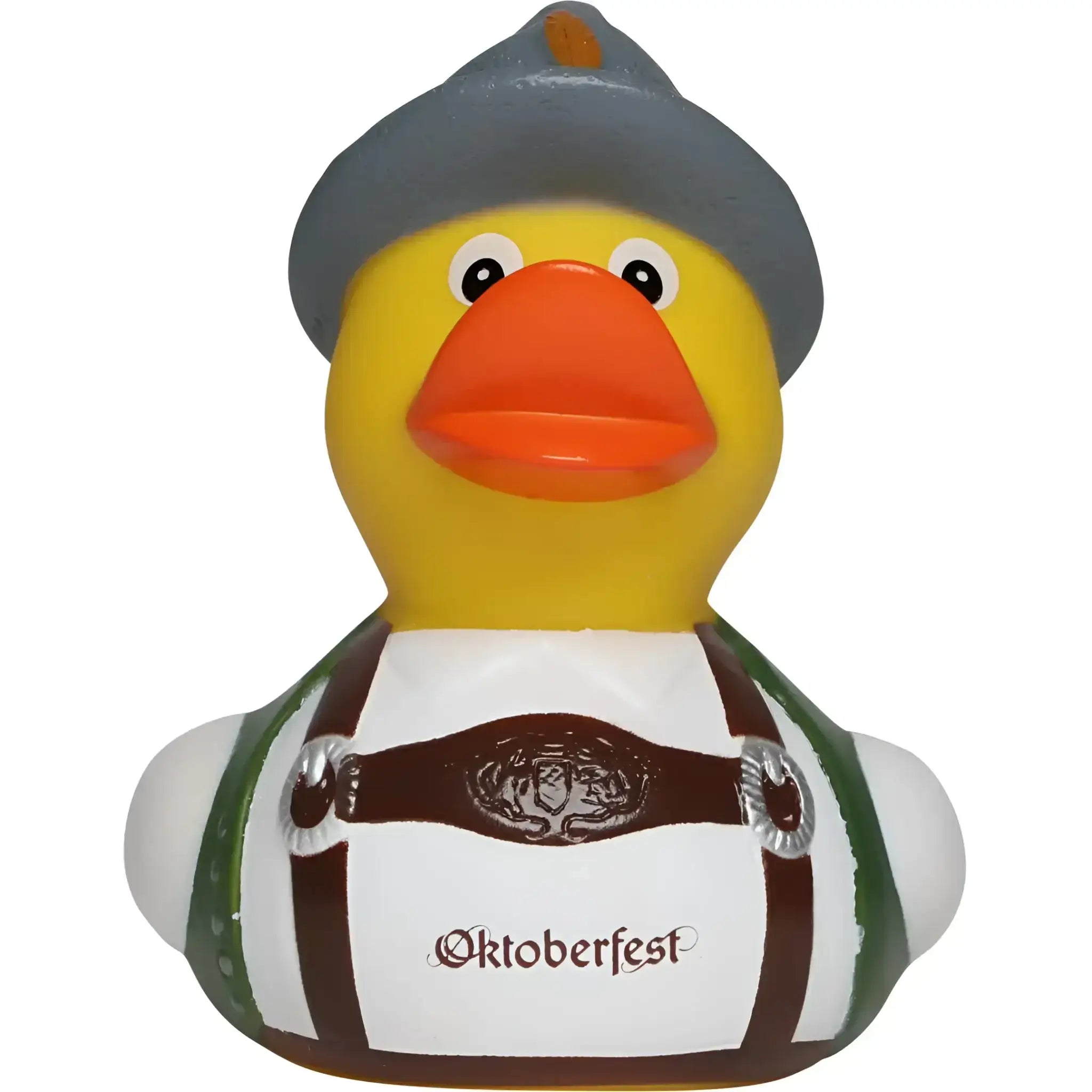 Gelbe gummiente mit oktoberfest aufdruck trägt grauen hut grüne weiße hosenträger und braunen gürtel im wiesn-enten-duo set von schnabels