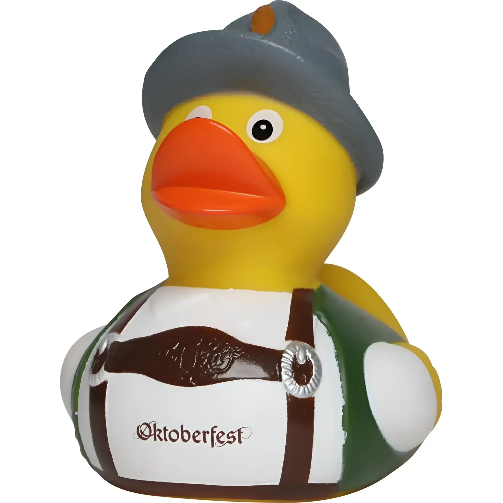 Gelbe badeente von schnabels mit grauem hut und grün-weißem oktoberfest-tracht outfit und braunem gürtel