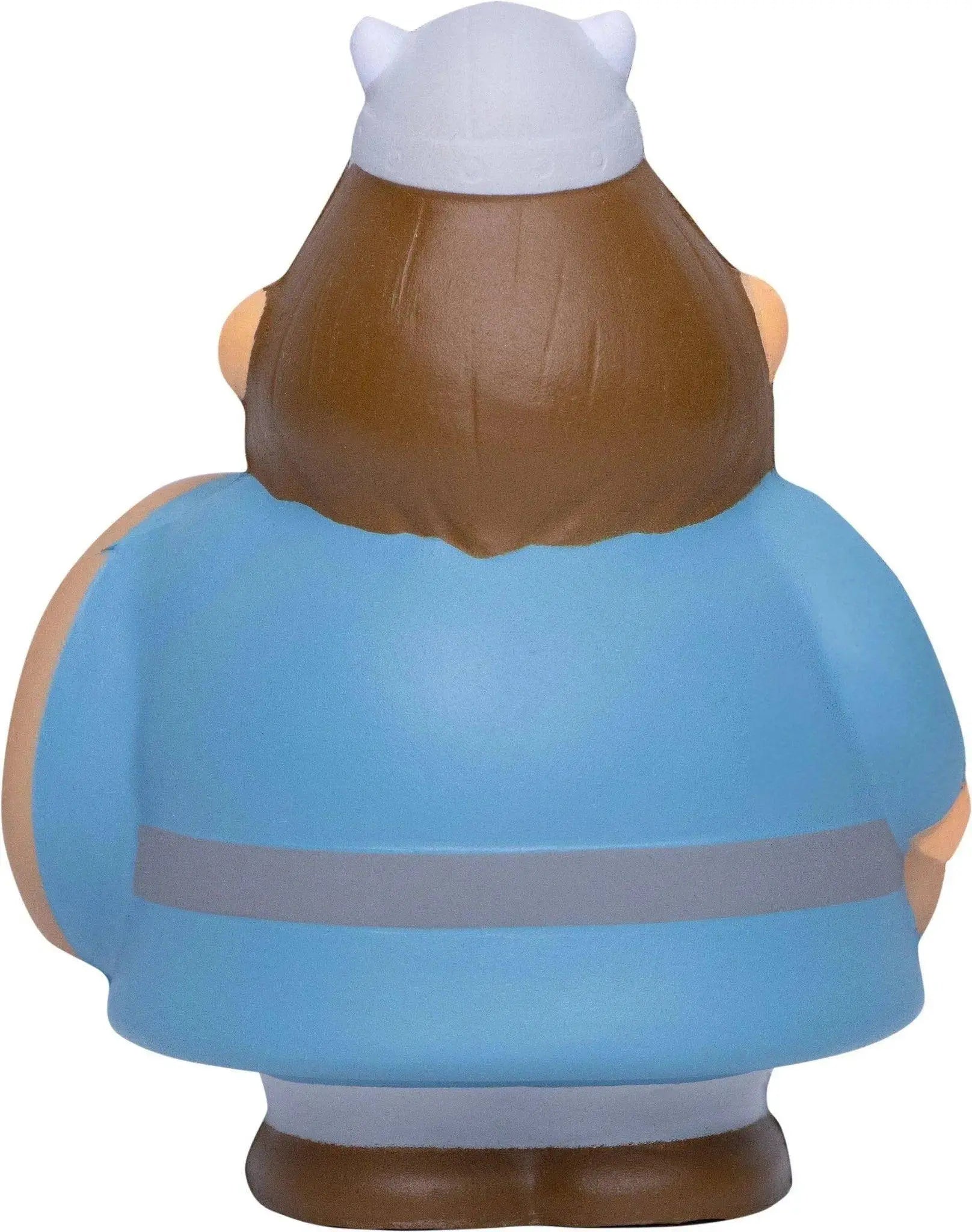 Blaue plastikfigur wikinger bert mit braunen haaren, weißem hut und hellblauer jacke gegen stress quetschbar