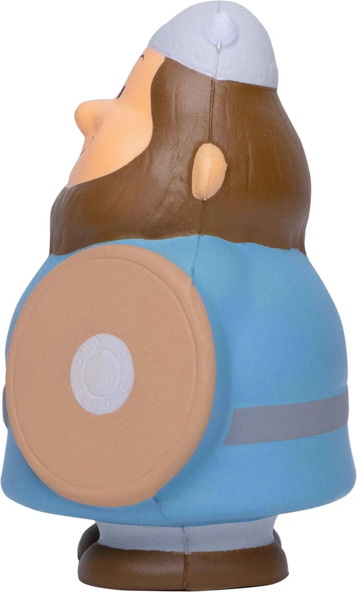 Plüschige wikinger bert anti-stress-quetsch-figur mit braunem haar und bart in hellblauem tunika und schild