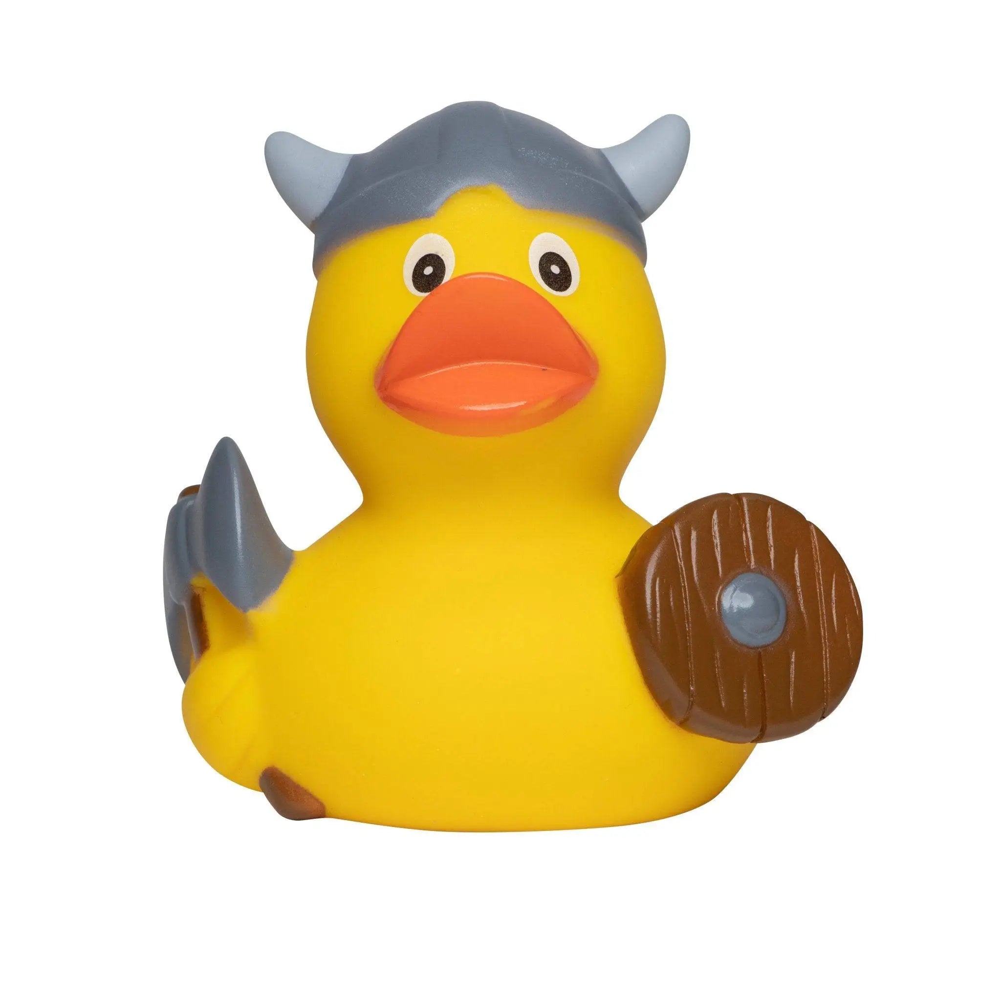 Gelbe wikinger quietsche-ente mit grauem hornhelm und braudem holzschild zum planschen und baden