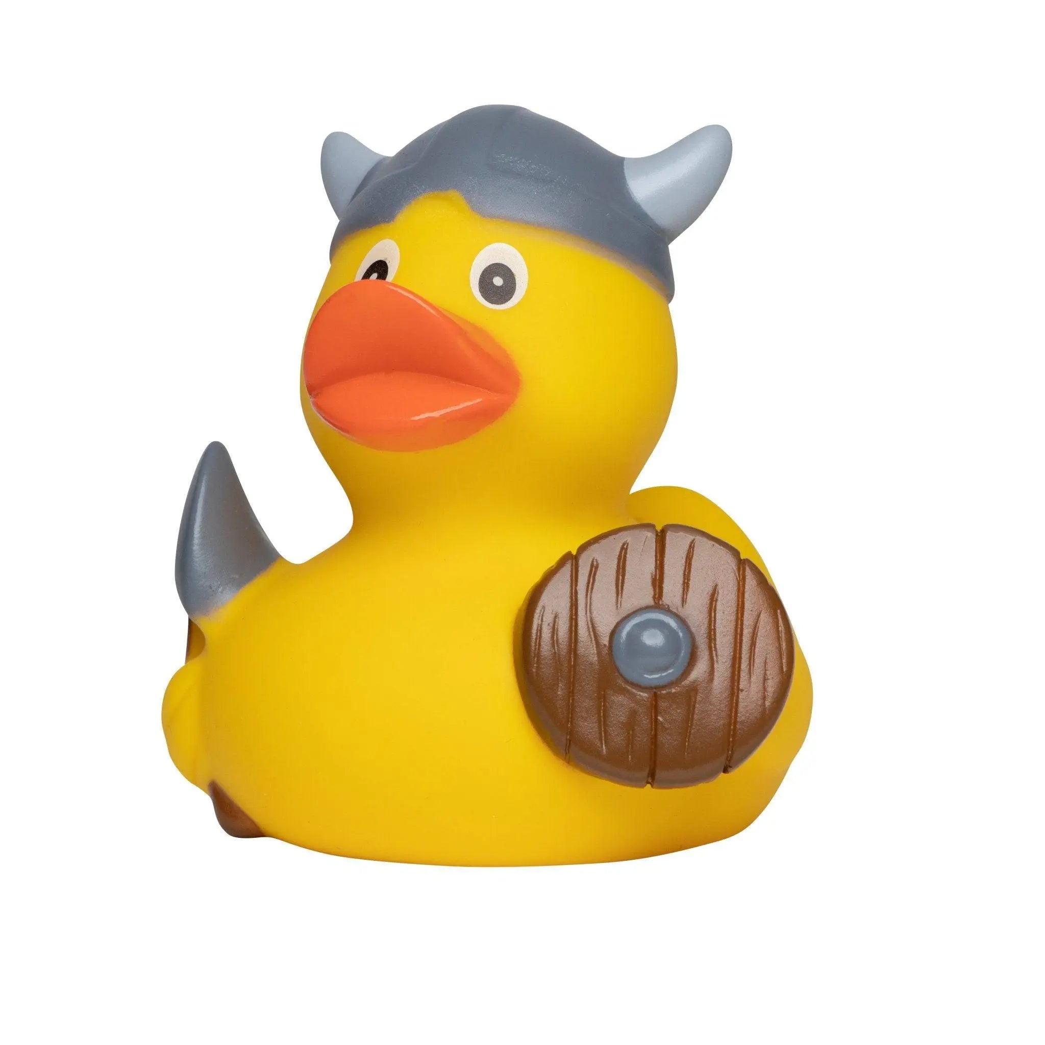 Gelbe quietsche-ente wikinger mit grauem hornhelm, heckflosse und brauem schild mit blauem mittelpunkt